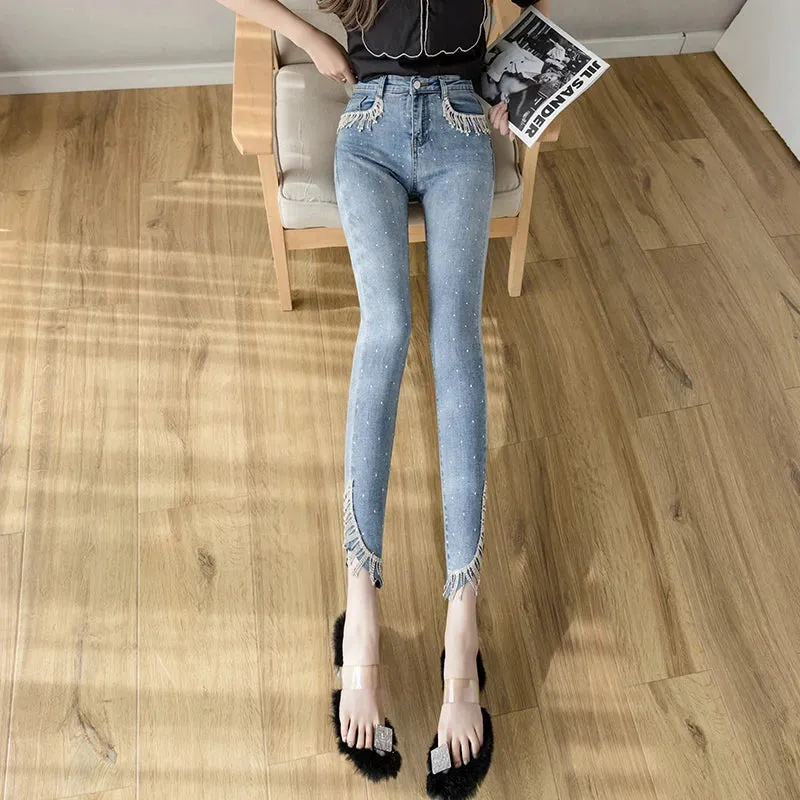 Cropped Jeans Women Stretch Slim High Waist Denim Pants Femme Rhinestone Tassel Skinny Trousers Trendy 2023 Clothing