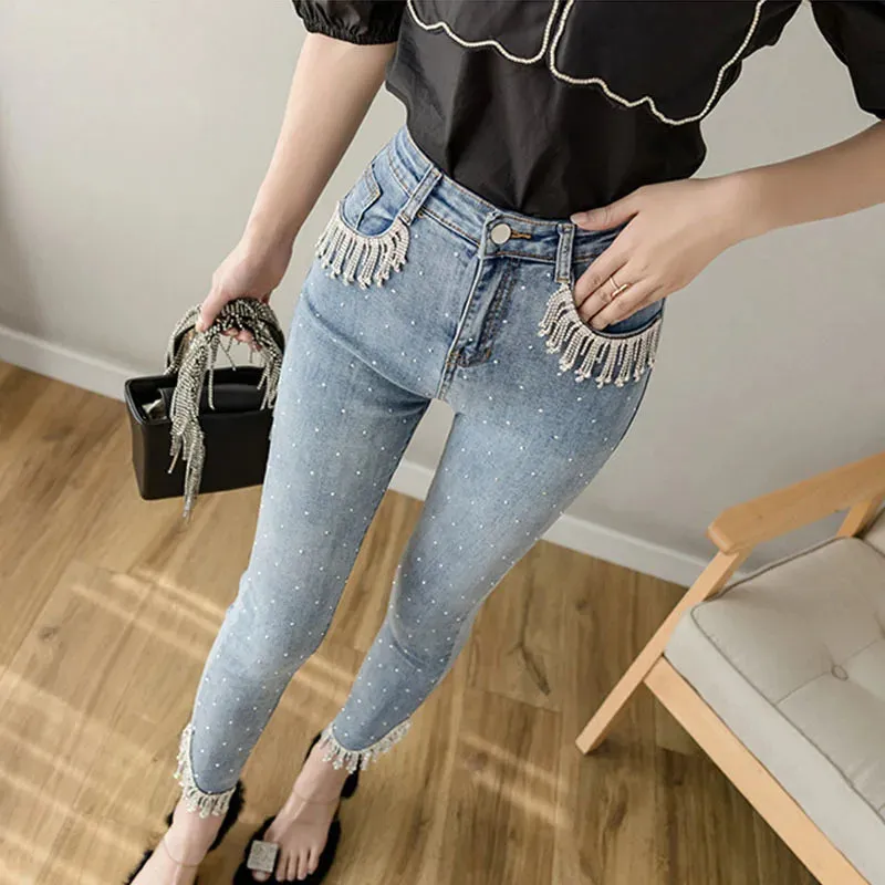 Cropped Jeans Women Stretch Slim High Waist Denim Pants Femme Rhinestone Tassel Skinny Trousers Trendy 2023 Clothing