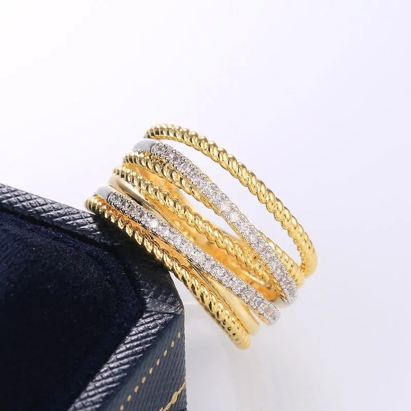 Cross Twist Twine Gold Ring Women Zircon Wedding Jewelry