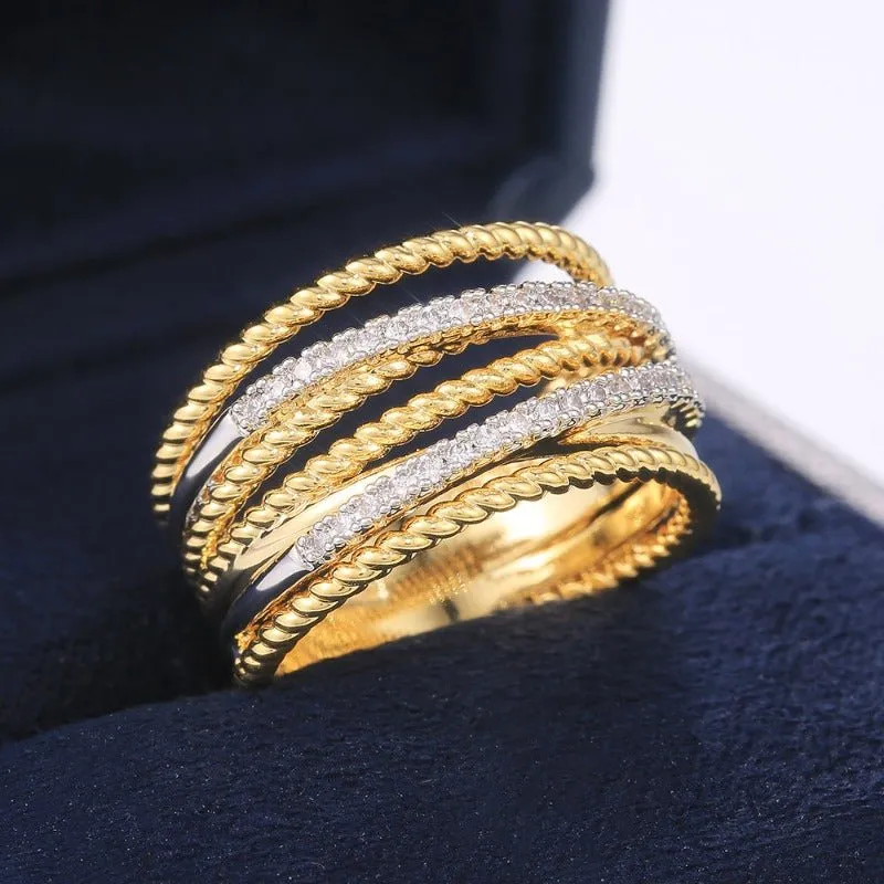 Cross Twist Twine Gold Ring Women Zircon Wedding Jewelry