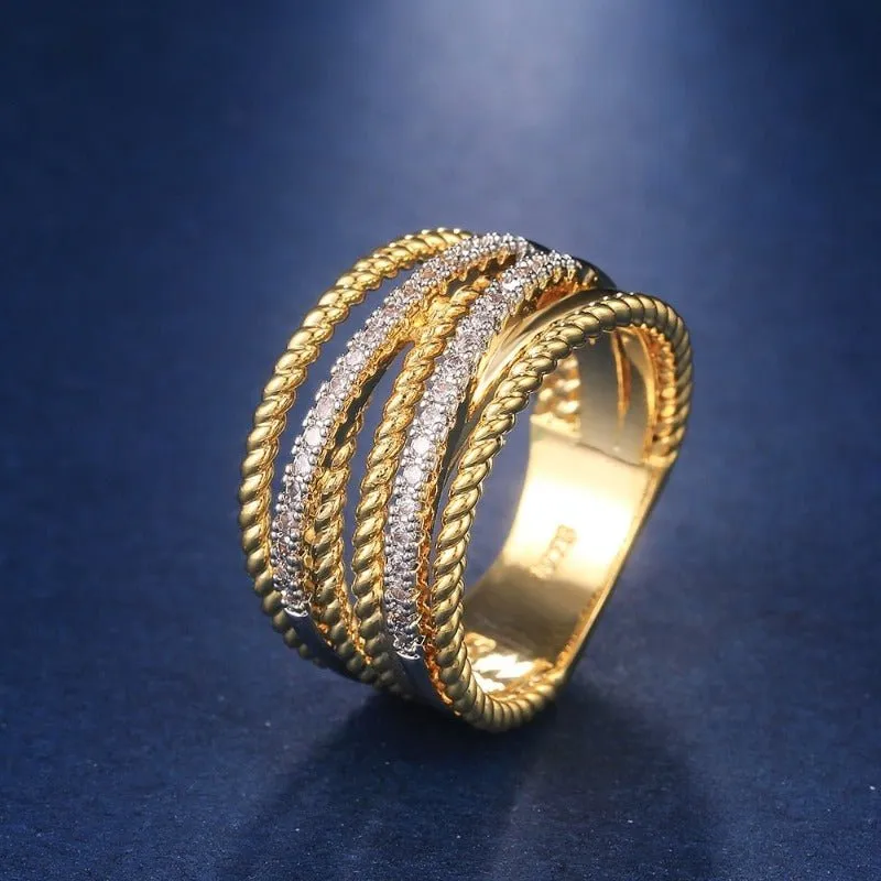 Cross Twist Twine Gold Ring Women Zircon Wedding Jewelry