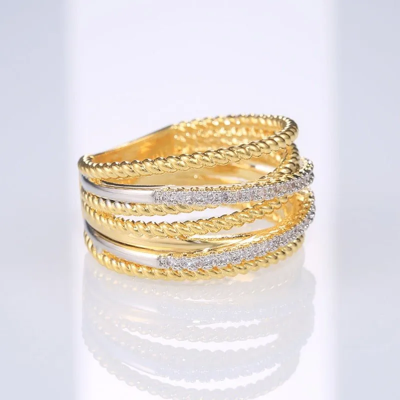 Cross Twist Twine Gold Ring Women Zircon Wedding Jewelry