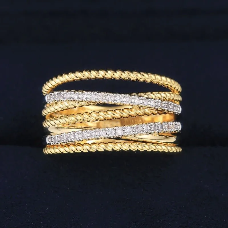 Cross Twist Twine Gold Ring Women Zircon Wedding Jewelry