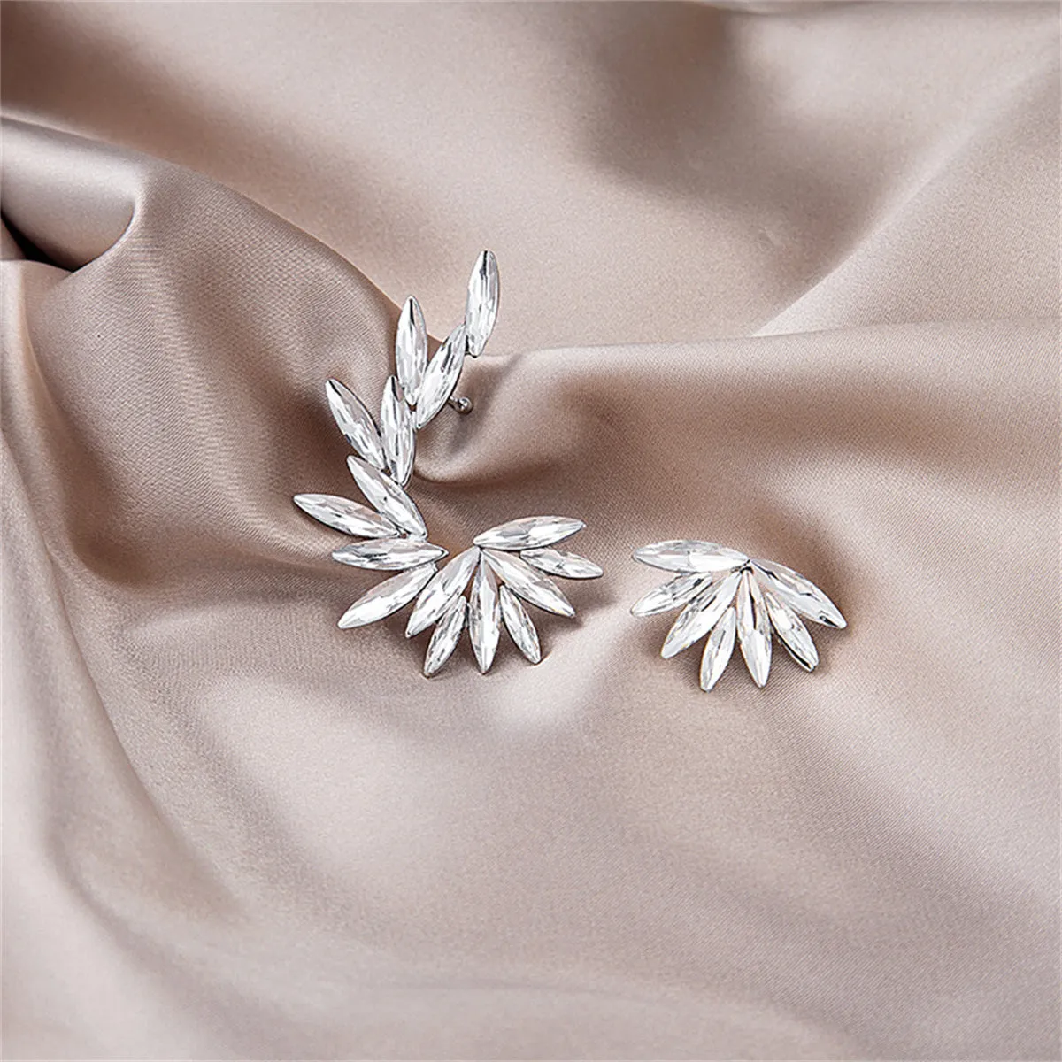Crystal & Silver-Plated Wing Leaf Asymmetrical Stud Earrings