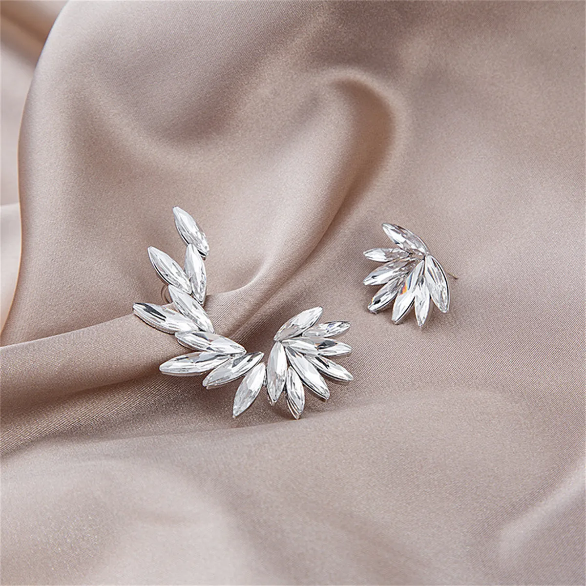 Crystal & Silver-Plated Wing Leaf Asymmetrical Stud Earrings