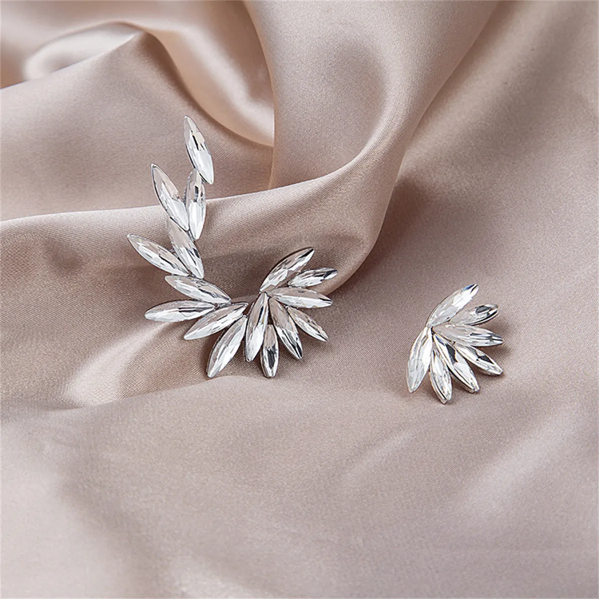 Crystal & Silver-Plated Wing Leaf Asymmetrical Stud Earrings