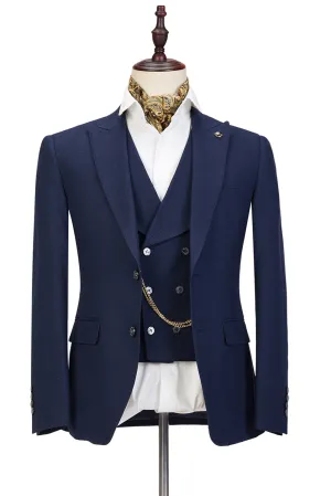 Dark Blue Three-piece Fashion Peaked Lapel Wedding Men Suits Sale