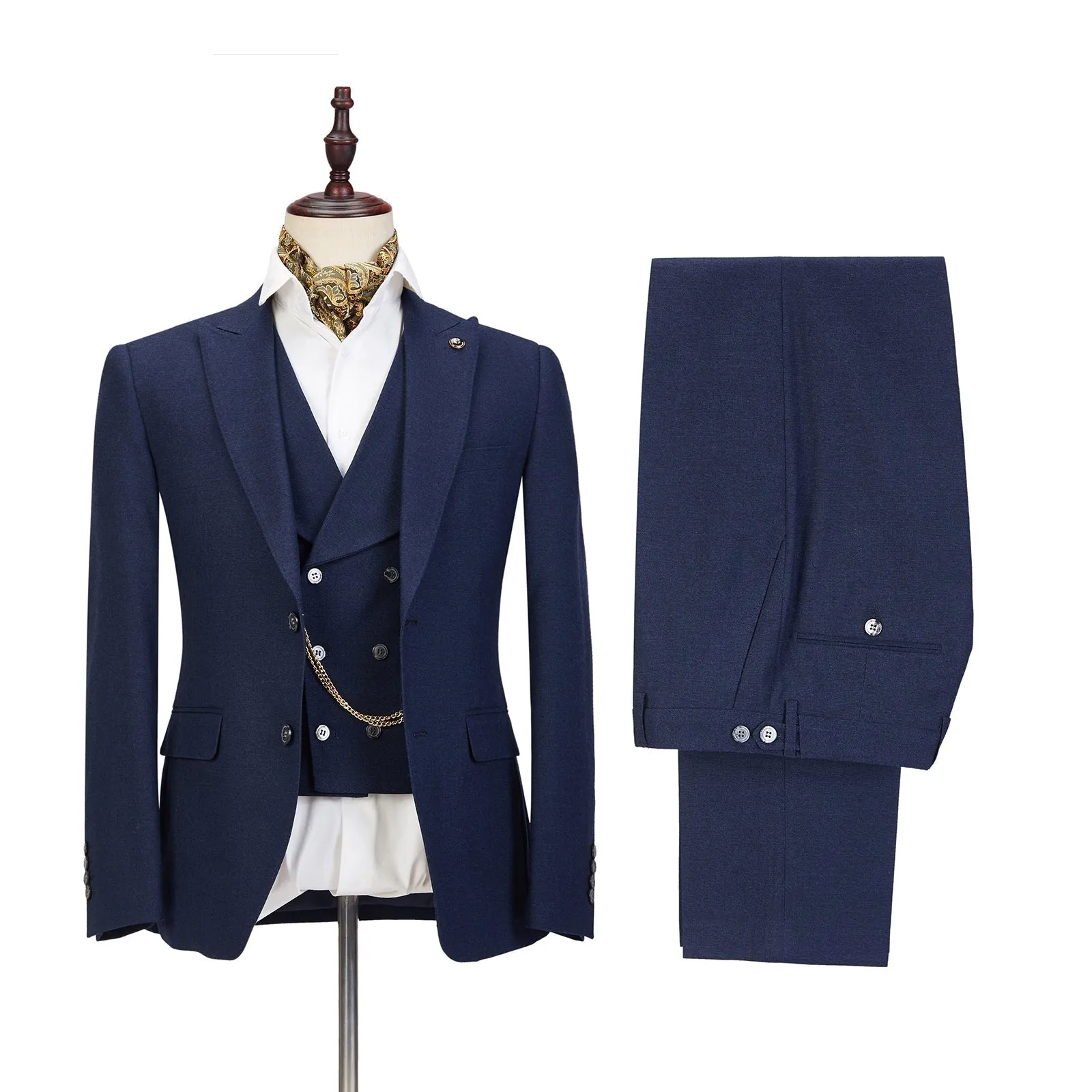Dark Blue Three-piece Fashion Peaked Lapel Wedding Men Suits Sale