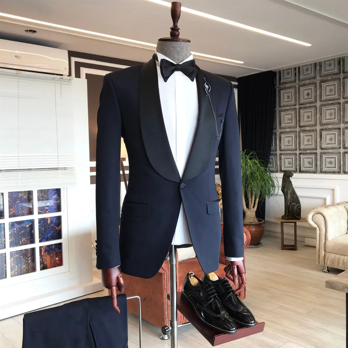 Dark Navy Fashion Shawl Lapel One Button Wedding Men Suits