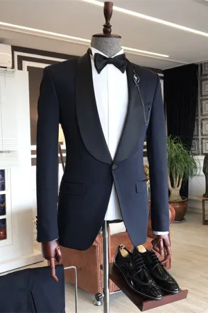Dark Navy Fashion Shawl Lapel One Button Wedding Men Suits