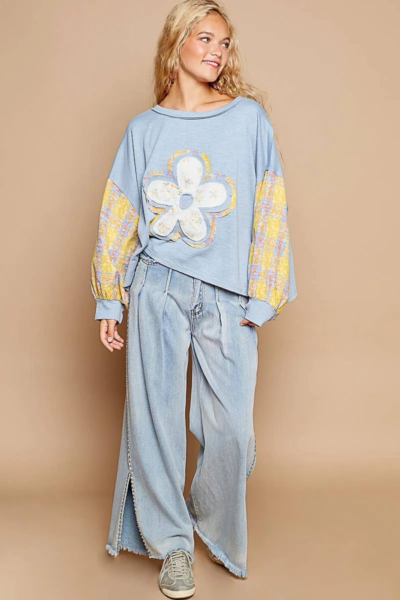 Denim Solid Stud Twill Wide Woven POL Pants