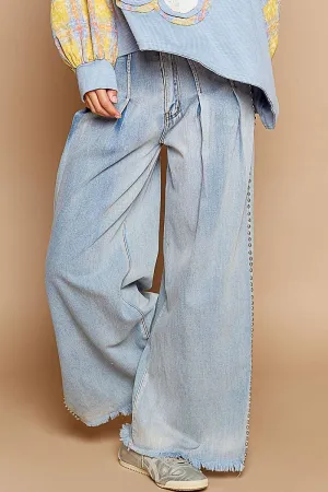 Denim Solid Stud Twill Wide Woven POL Pants