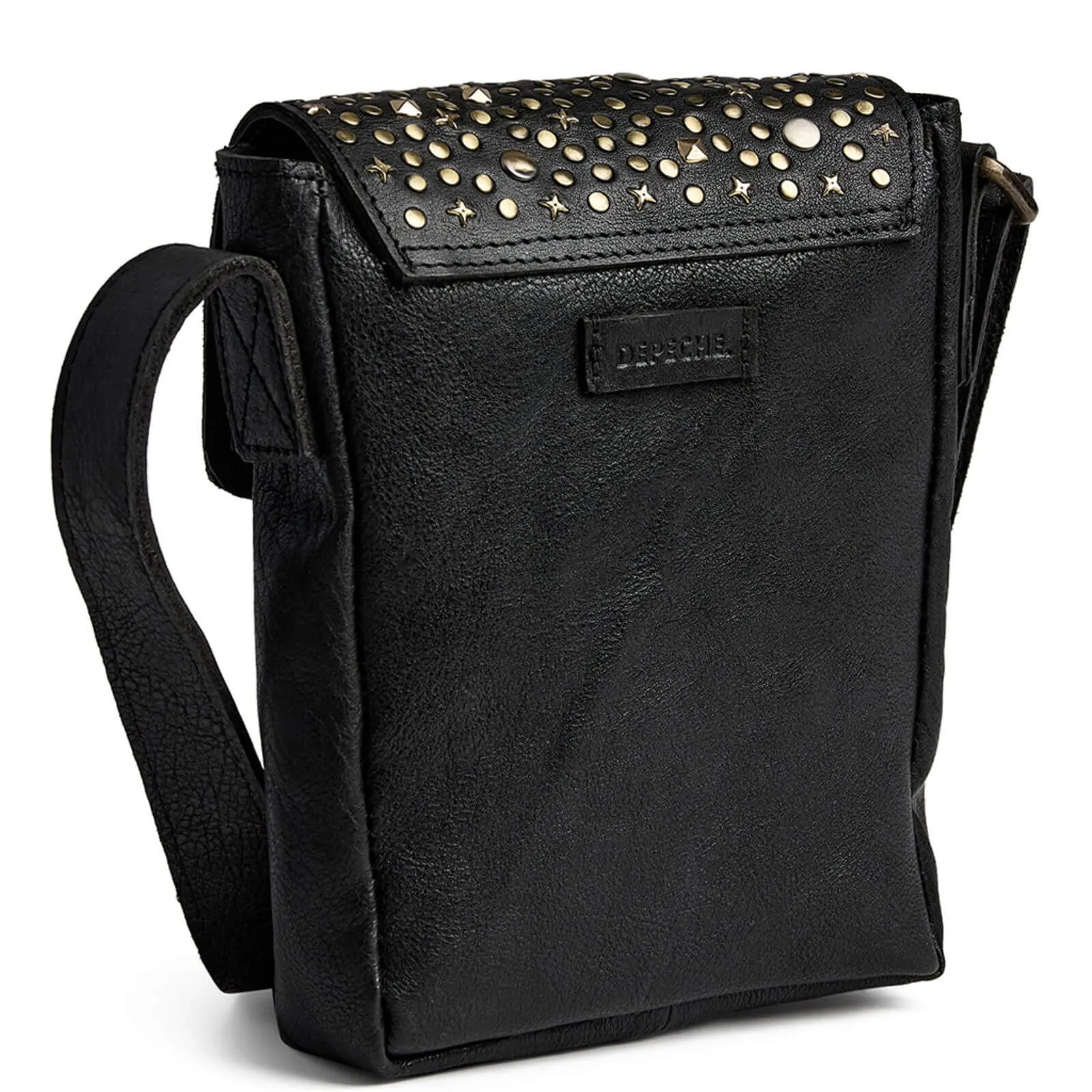 Depeche Black Leather Studded Small Crossbody Mobile Bag