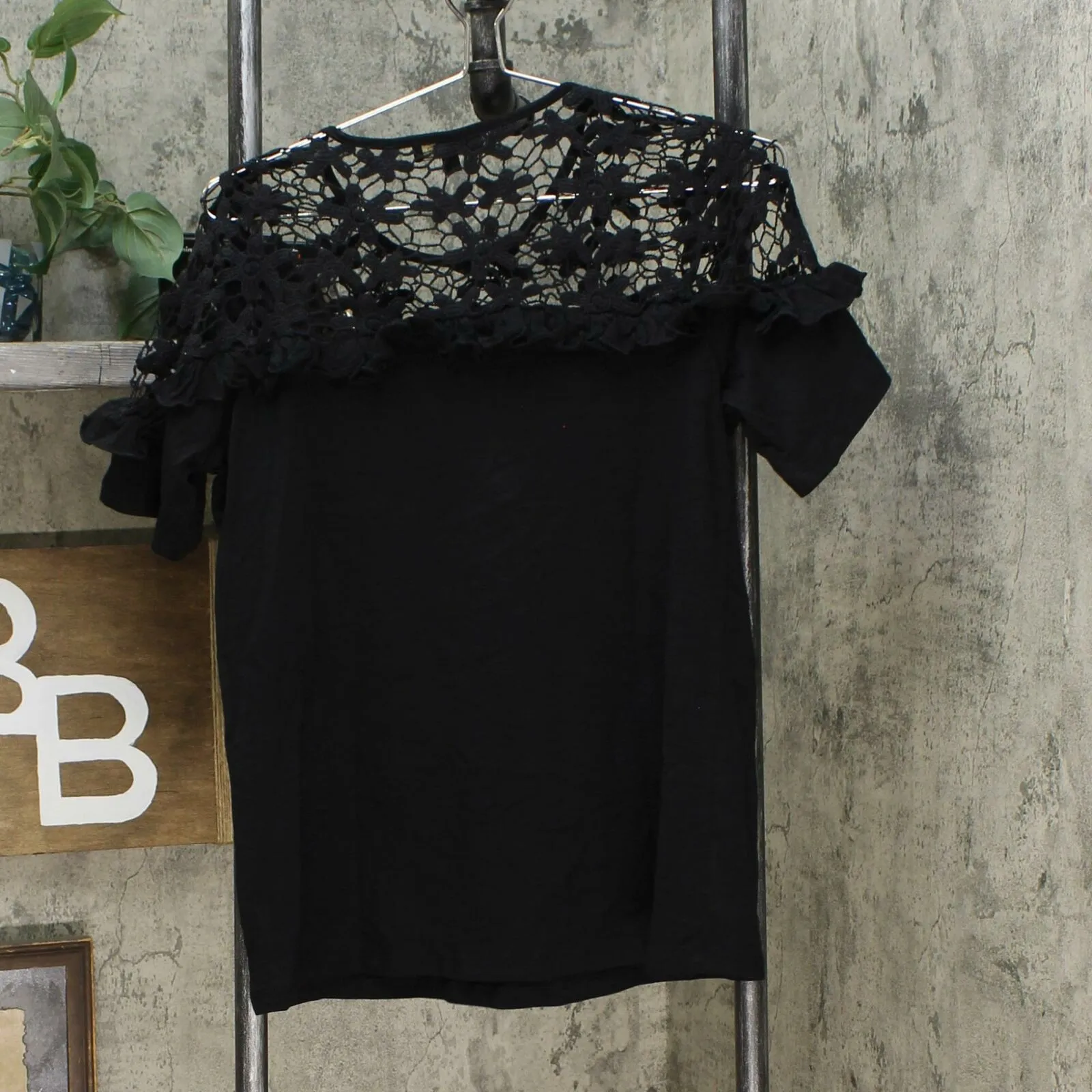 DG2 by Diane Gilman Women's Crochet and Ruffle Shirt Black Small