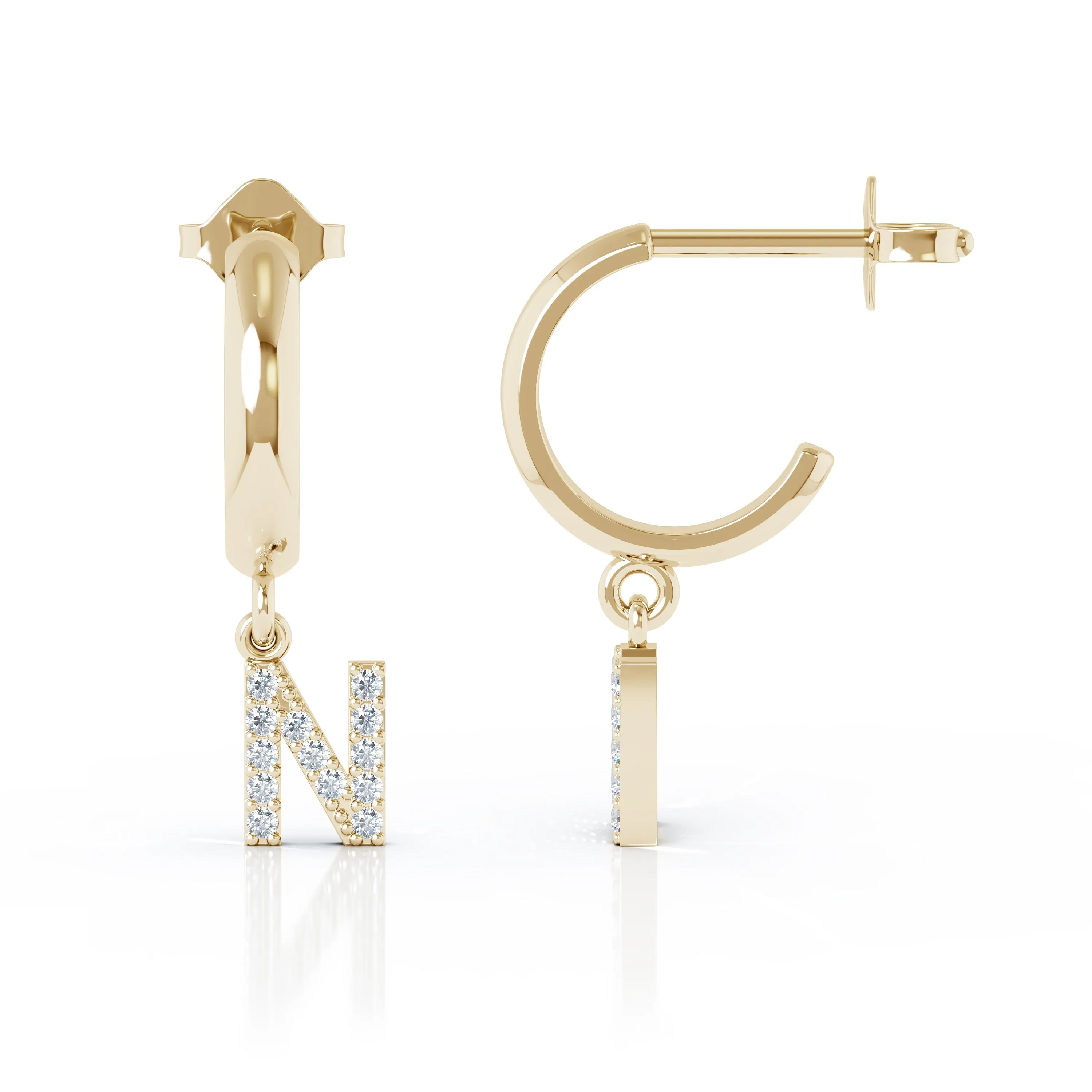 Diamond Alphabet Initial Charm Huggie Earrings Sold As Half Pair in 14K Gold
