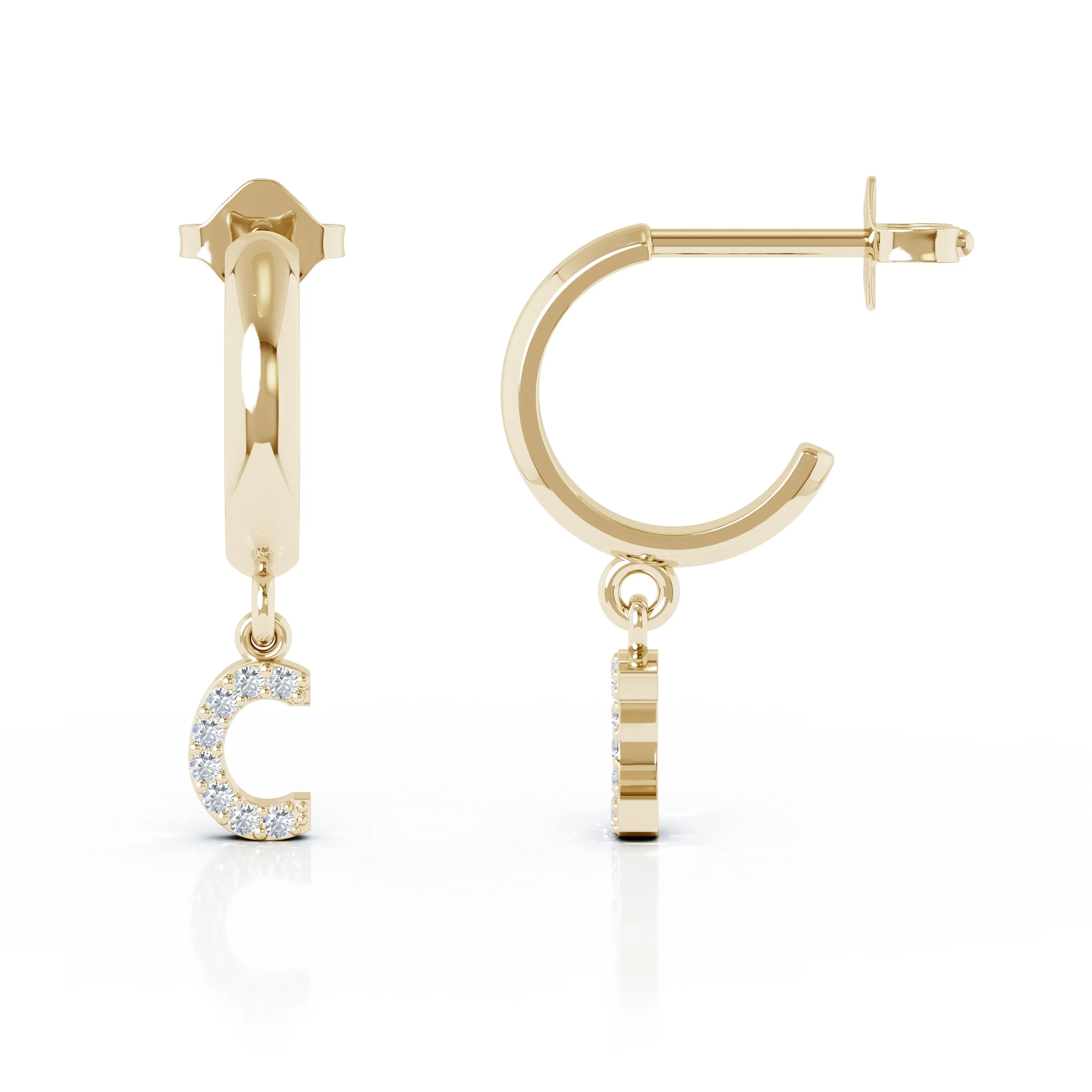 Diamond Alphabet Initial Charm Huggie Earrings Sold As Half Pair in 14K Gold