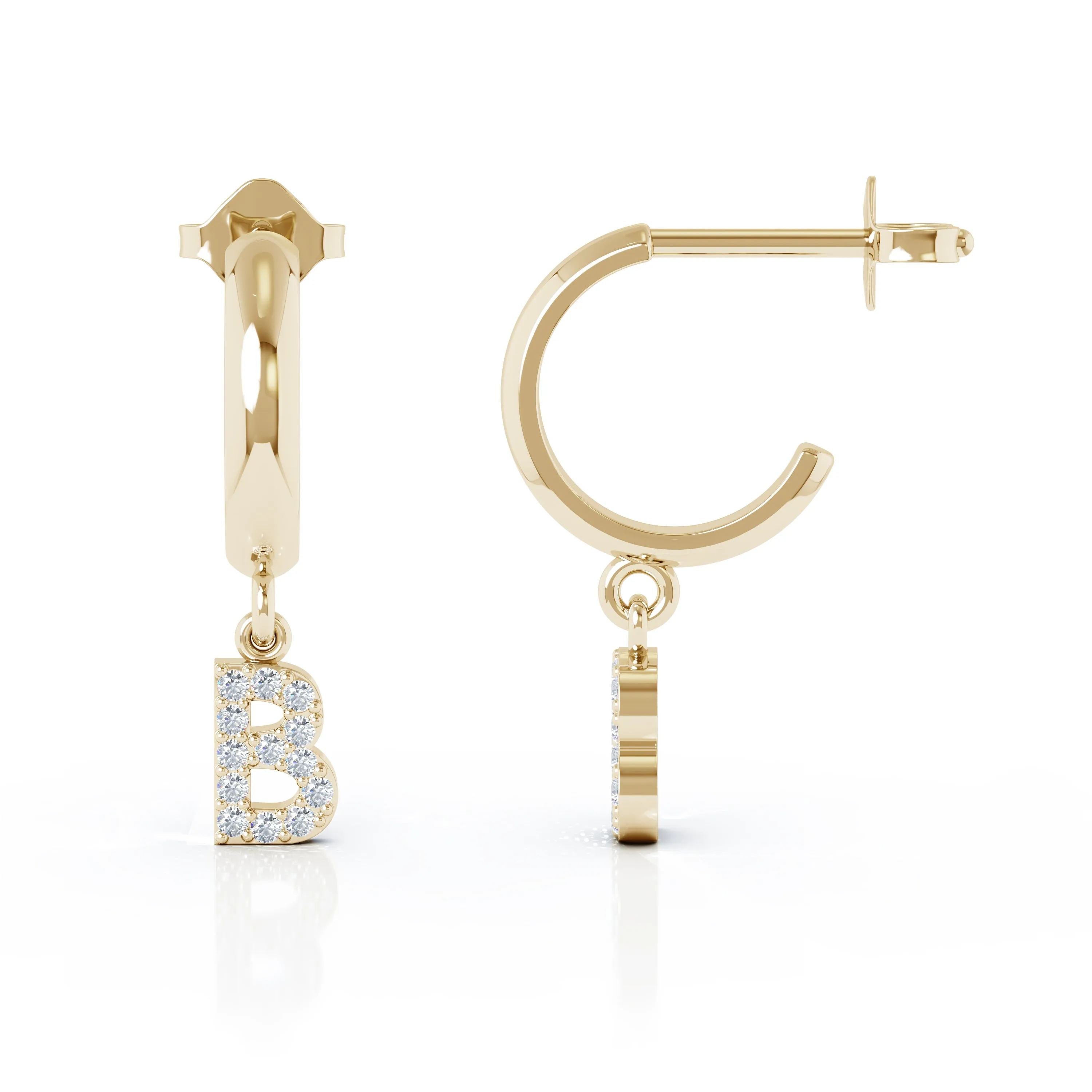 Diamond Alphabet Initial Charm Huggie Earrings Sold As Half Pair in 14K Gold