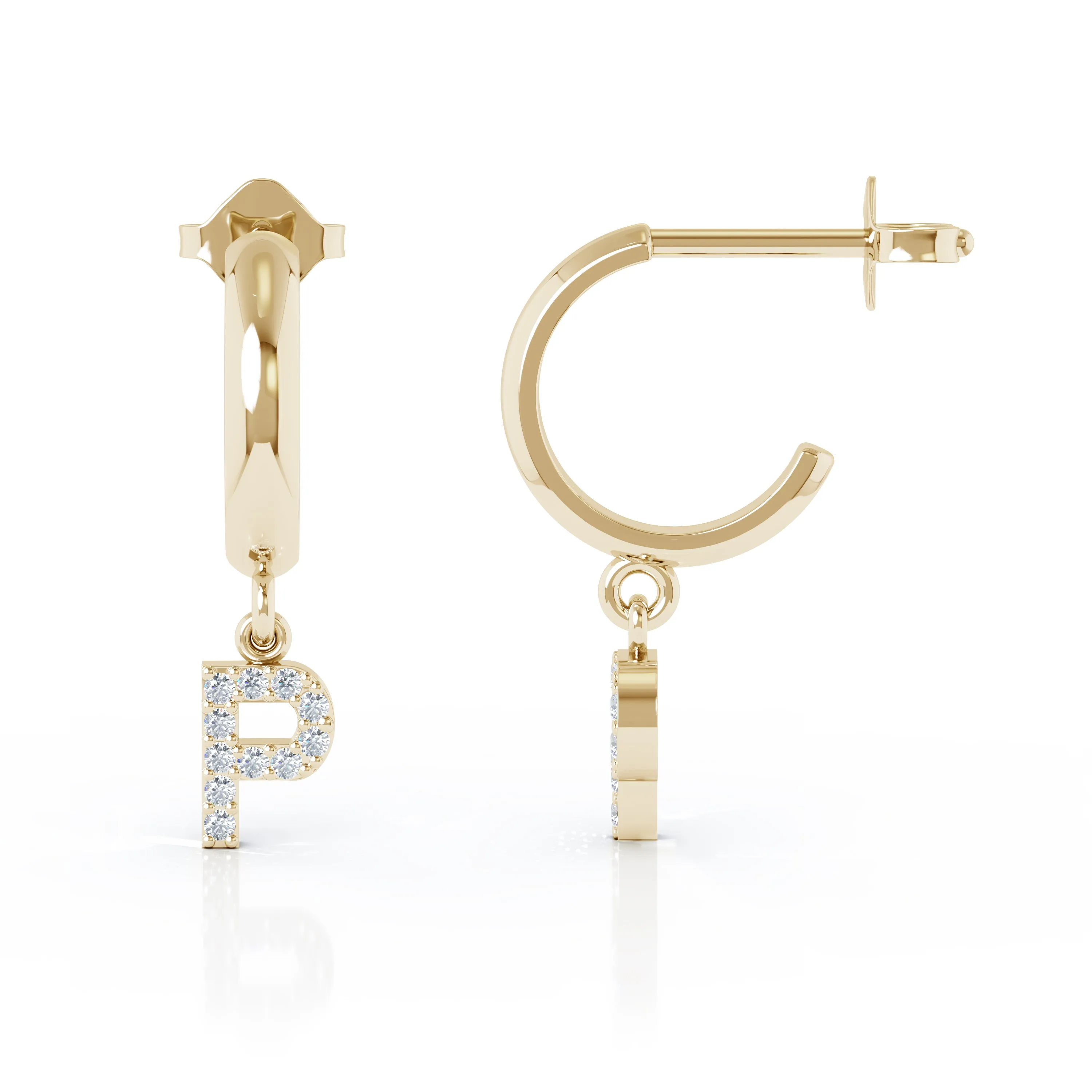 Diamond Alphabet Initial Charm Huggie Earrings Sold As Half Pair in 14K Gold