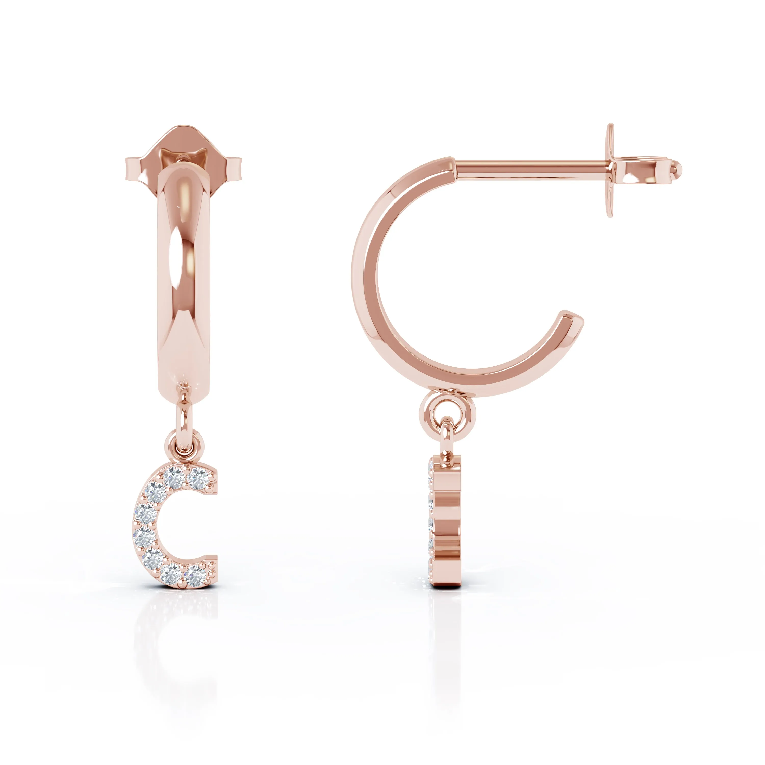 Diamond Alphabet Initial Charm Huggie Earrings Sold As Half Pair in 14K Gold