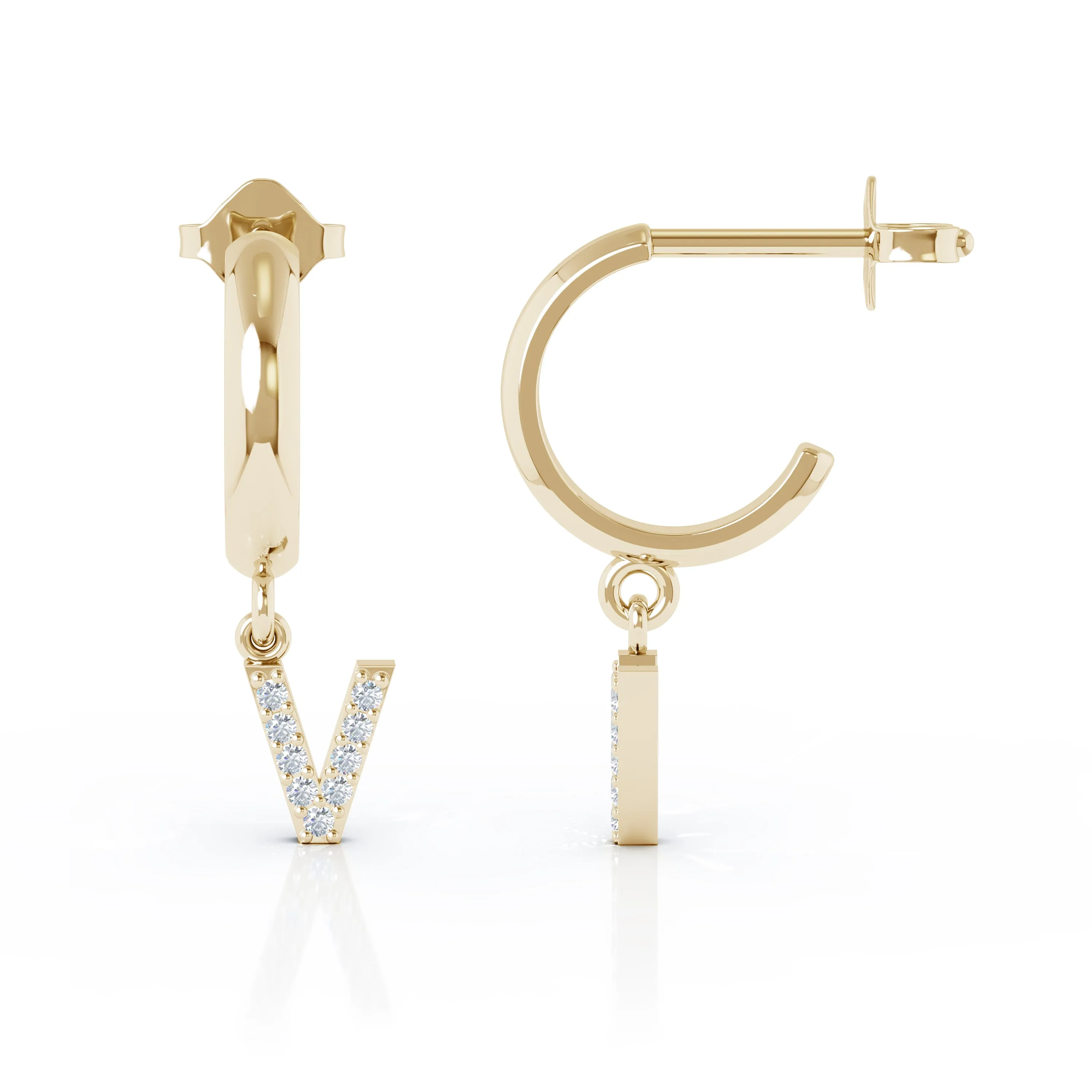 Diamond Alphabet Initial Charm Huggie Earrings Sold As Half Pair in 14K Gold