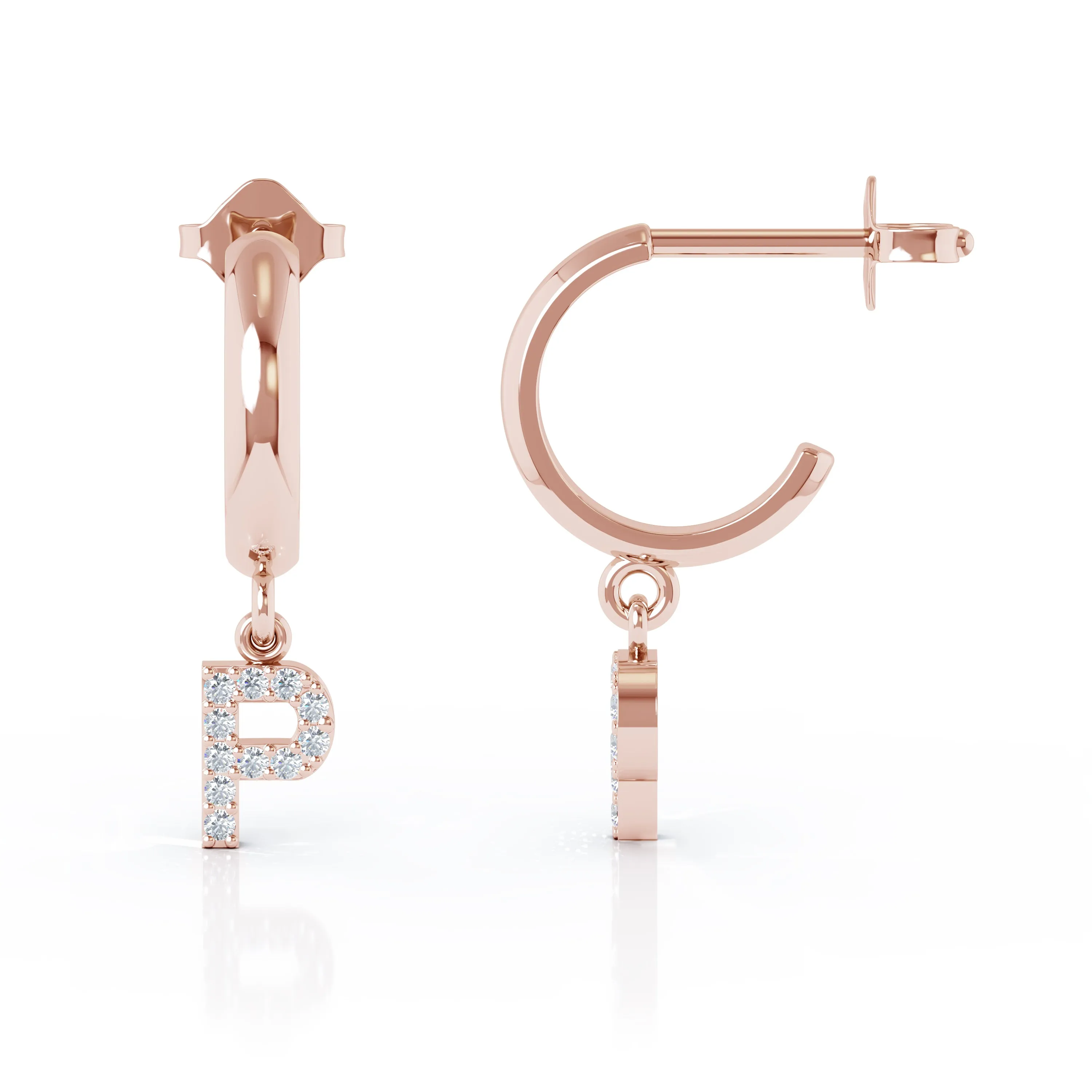 Diamond Alphabet Initial Charm Huggie Earrings Sold As Half Pair in 14K Gold