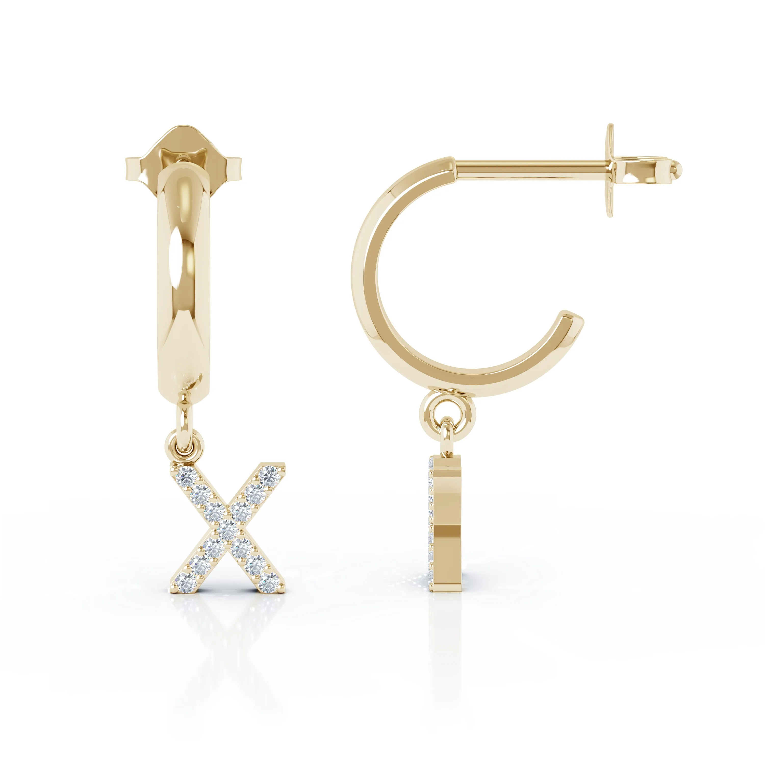 Diamond Alphabet Initial Charm Huggie Earrings Sold As Half Pair in 14K Gold