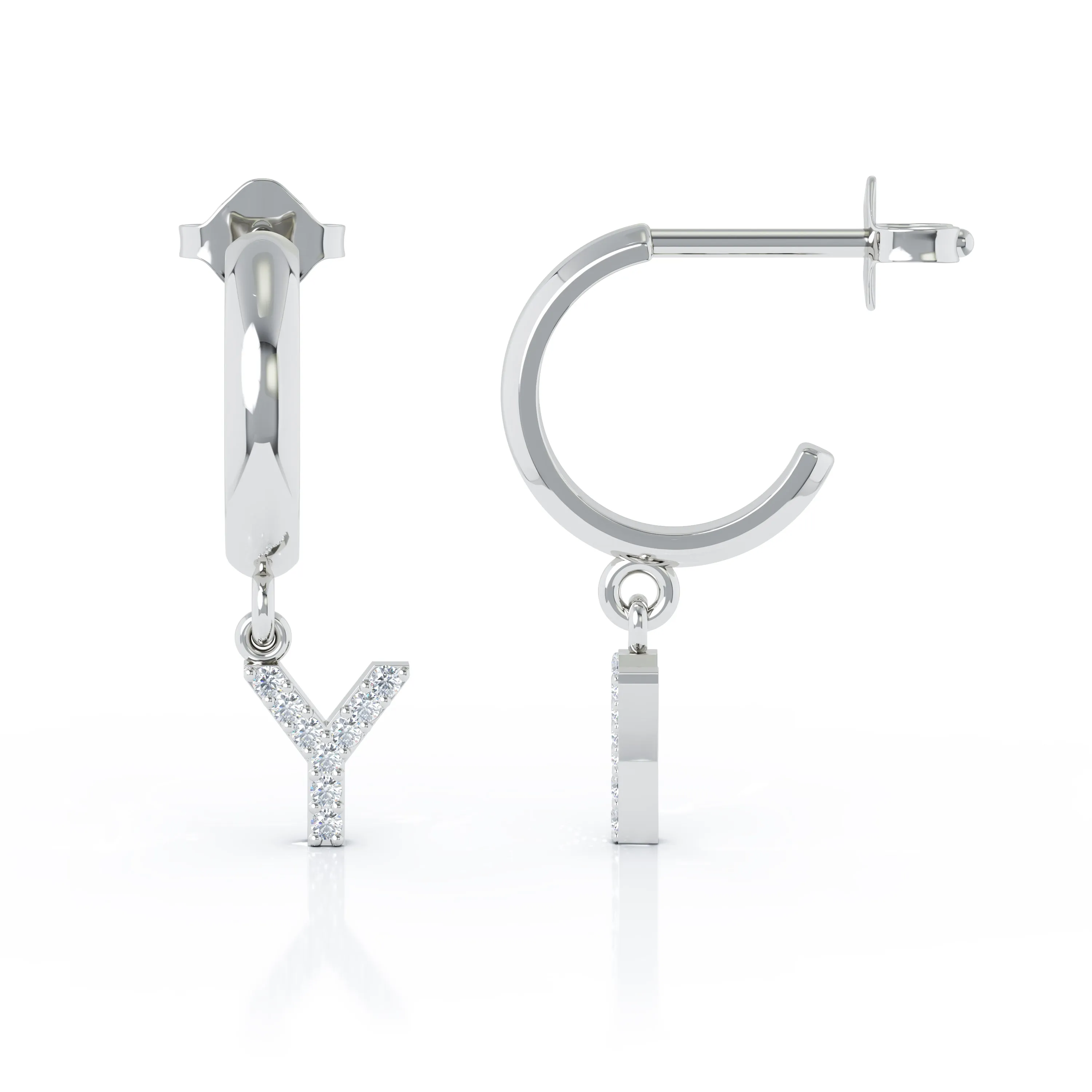 Diamond Alphabet Initial Charm Huggie Earrings Sold As Half Pair in 14K Gold