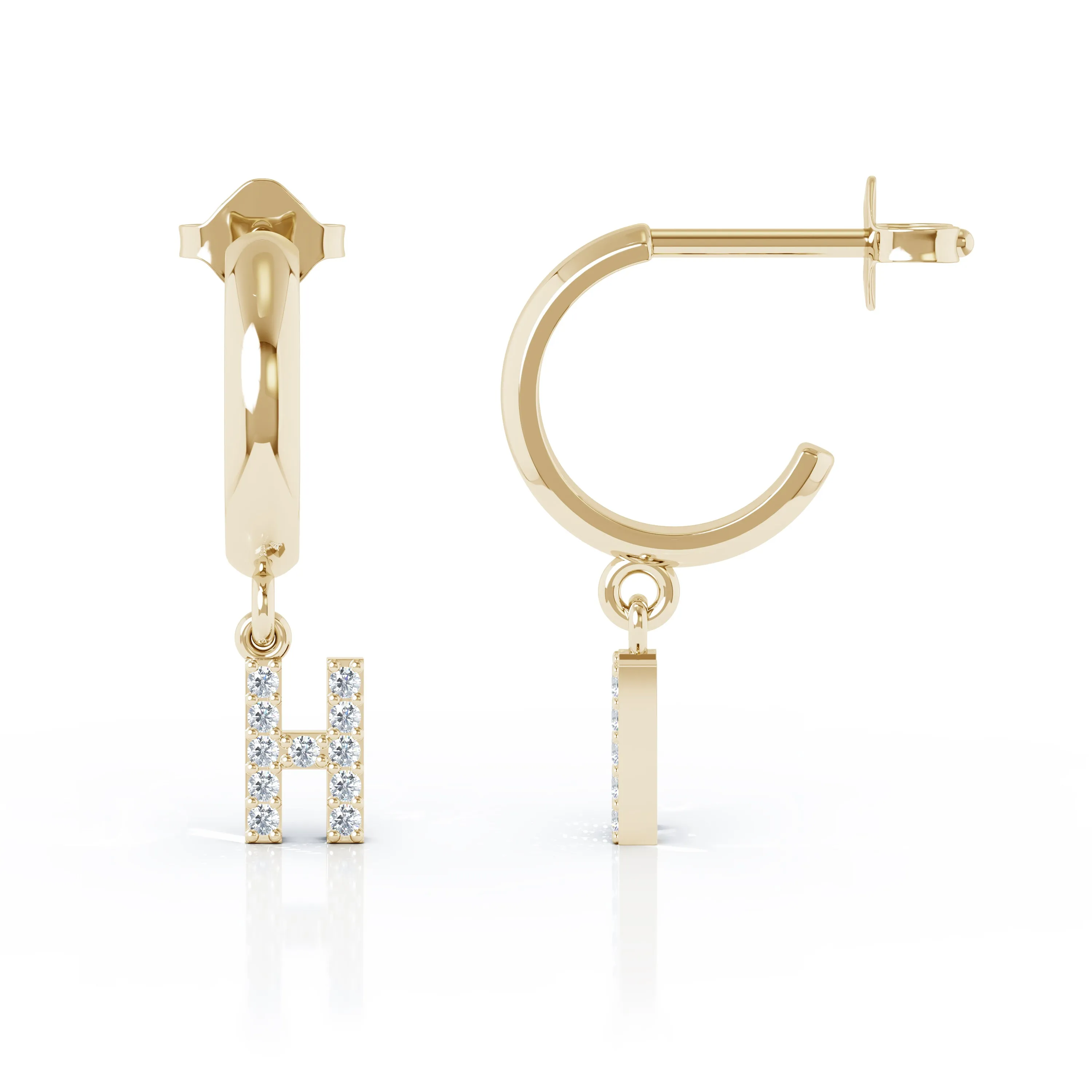 Diamond Alphabet Initial Charm Huggie Earrings Sold As Half Pair in 14K Gold