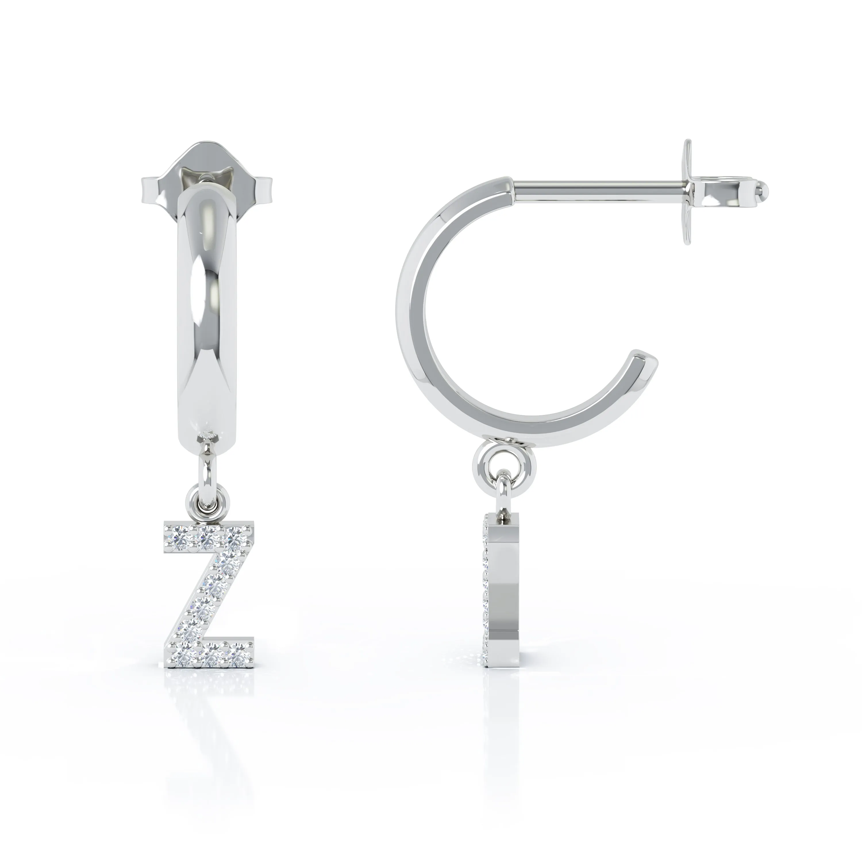 Diamond Alphabet Initial Charm Huggie Earrings Sold As Half Pair in 14K Gold