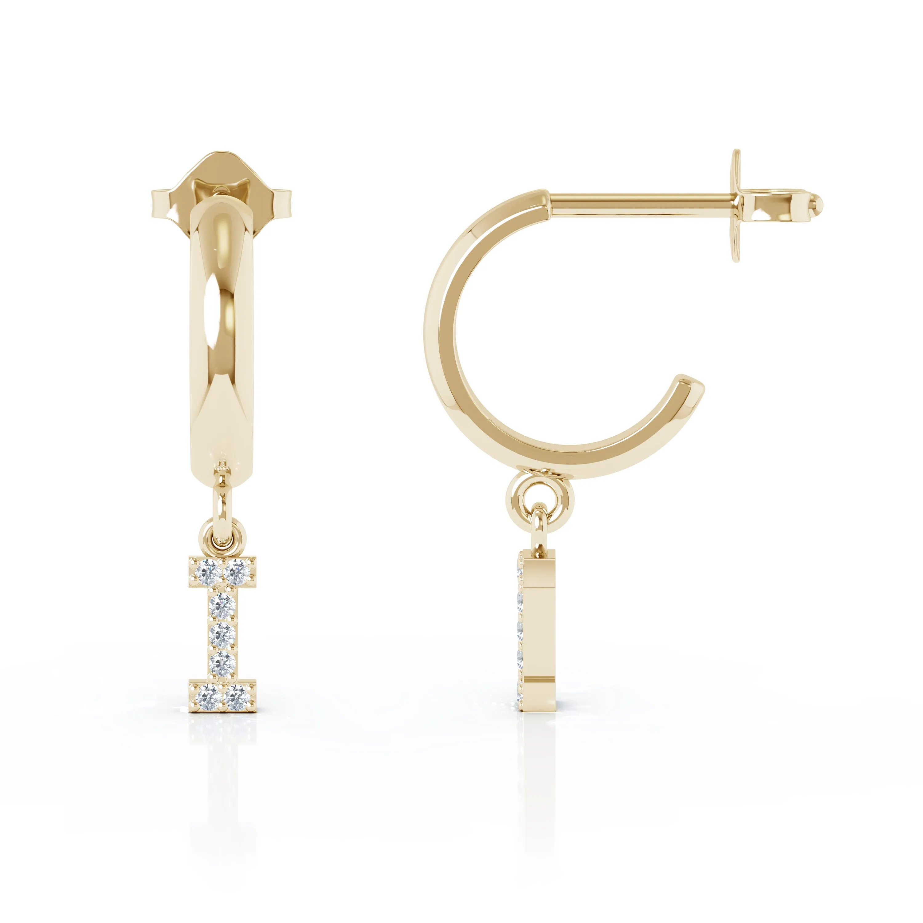 Diamond Alphabet Initial Charm Huggie Earrings Sold As Half Pair in 14K Gold