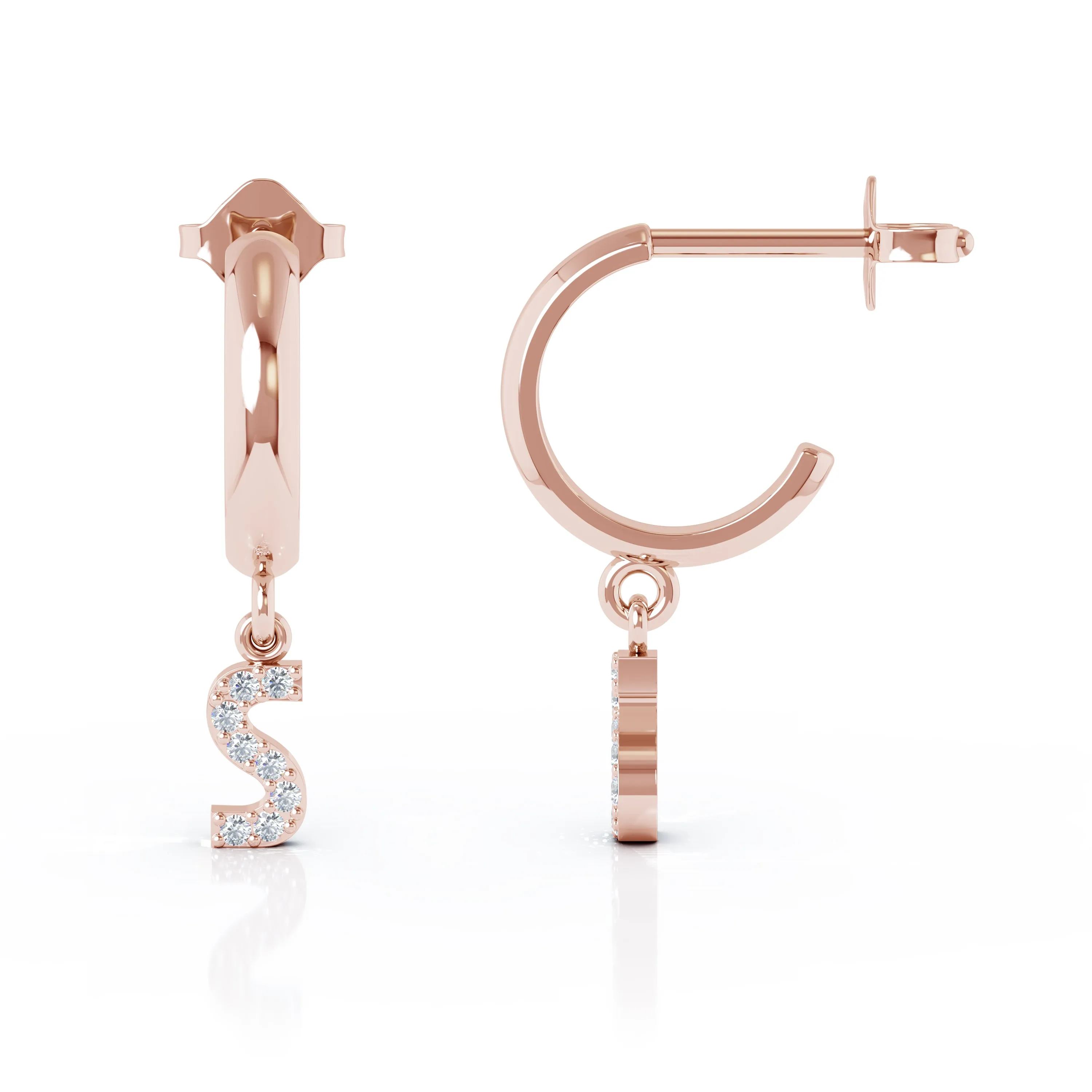 Diamond Alphabet Initial Charm Huggie Earrings Sold As Half Pair in 14K Gold