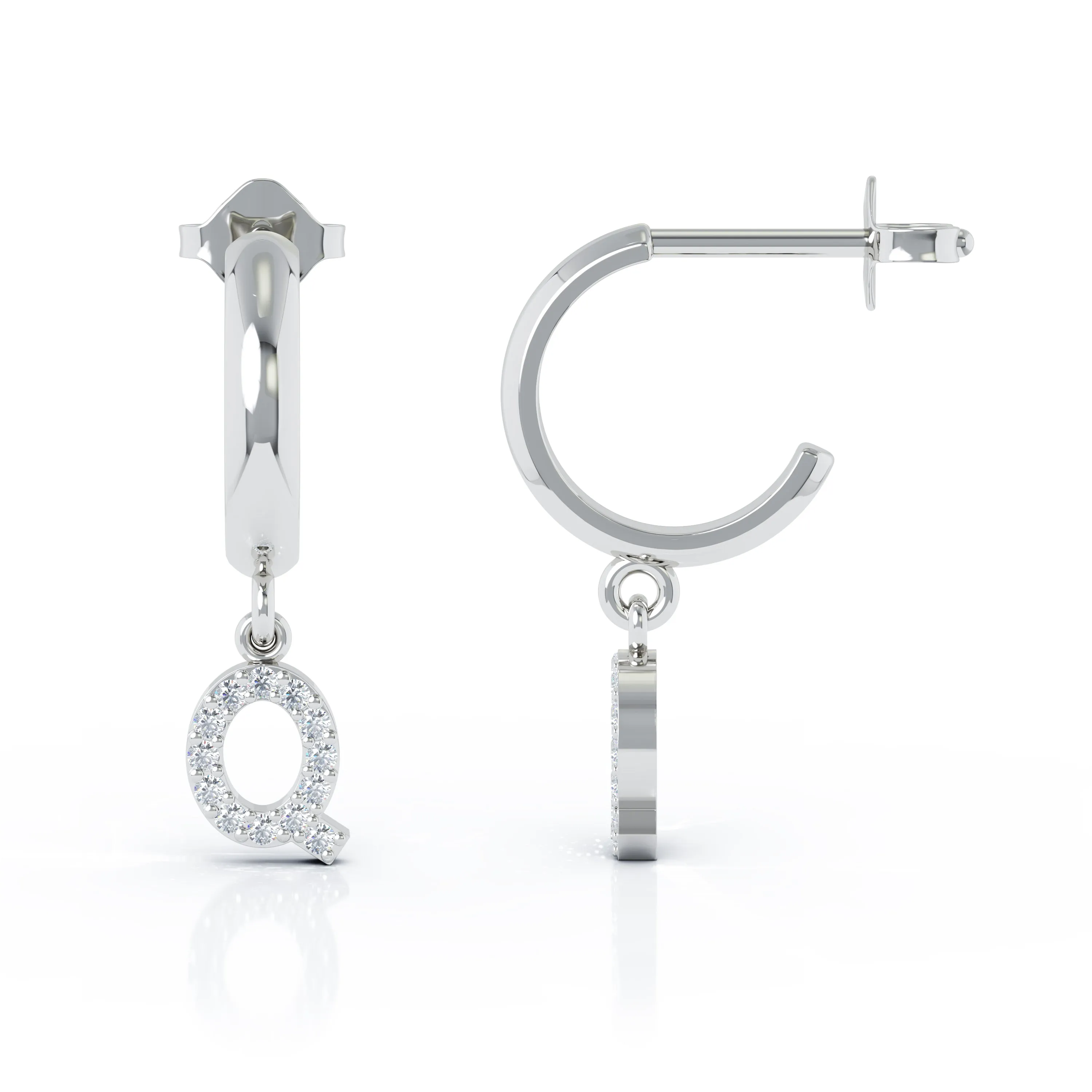 Diamond Alphabet Initial Charm Huggie Earrings Sold As Half Pair in 14K Gold