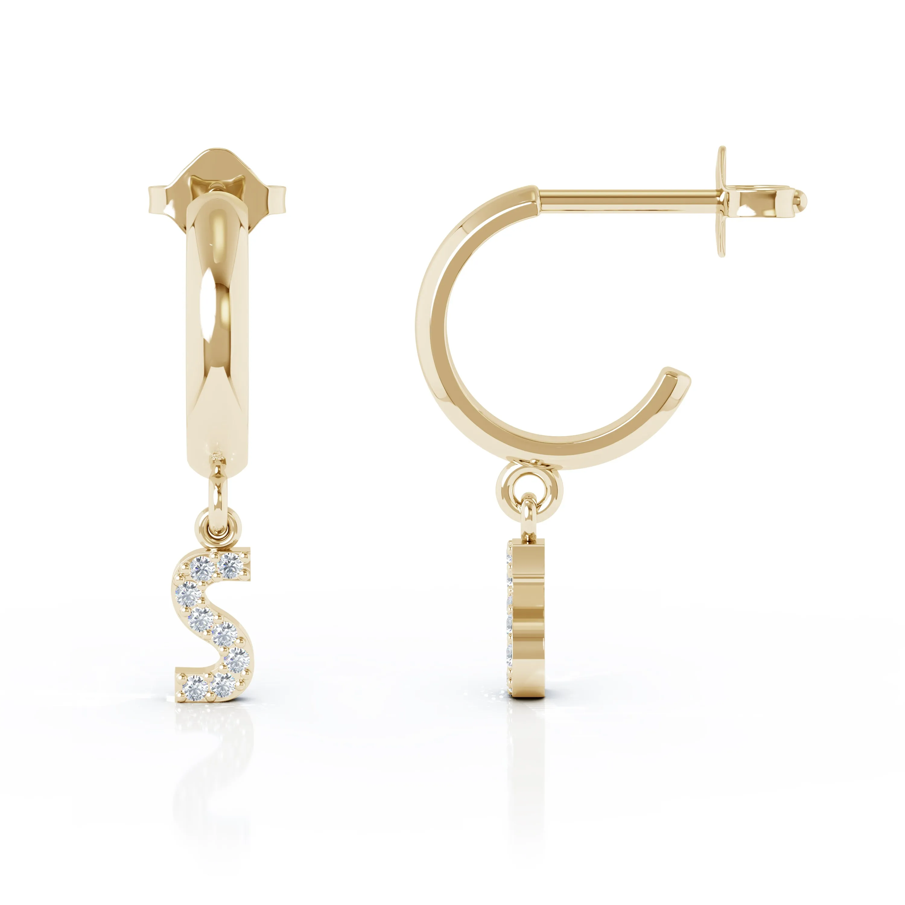 Diamond Alphabet Initial Charm Huggie Earrings Sold As Half Pair in 14K Gold