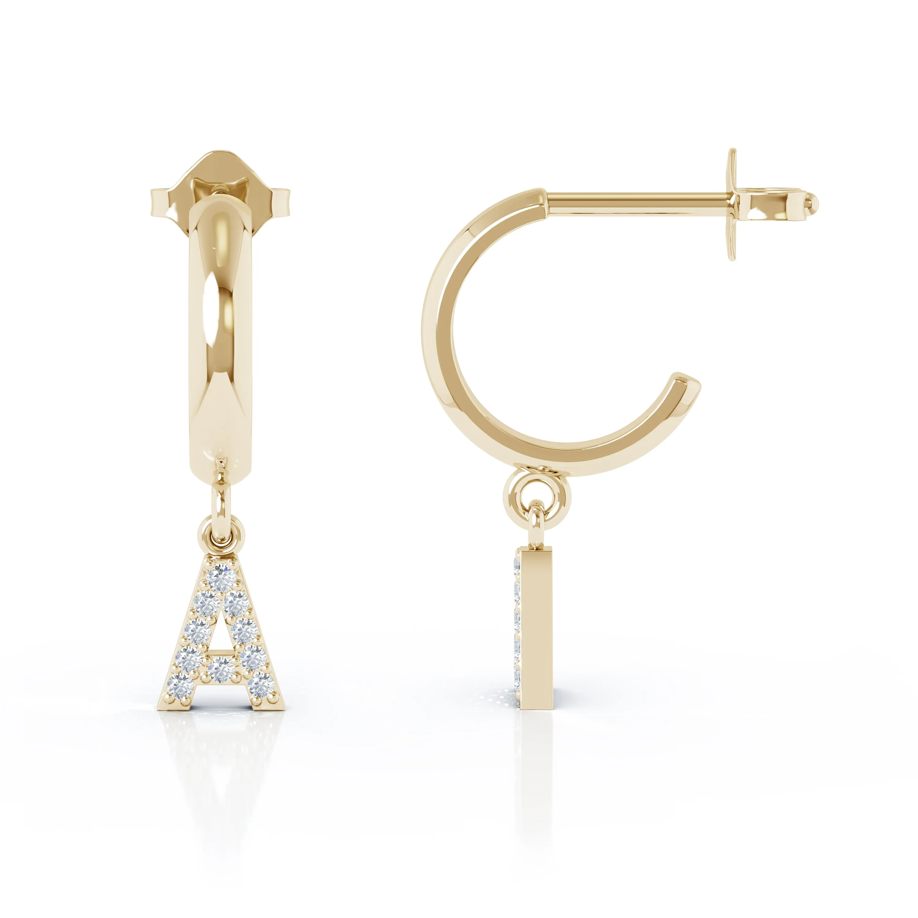 Diamond Alphabet Initial Charm Huggie Earrings Sold As Half Pair in 14K Gold