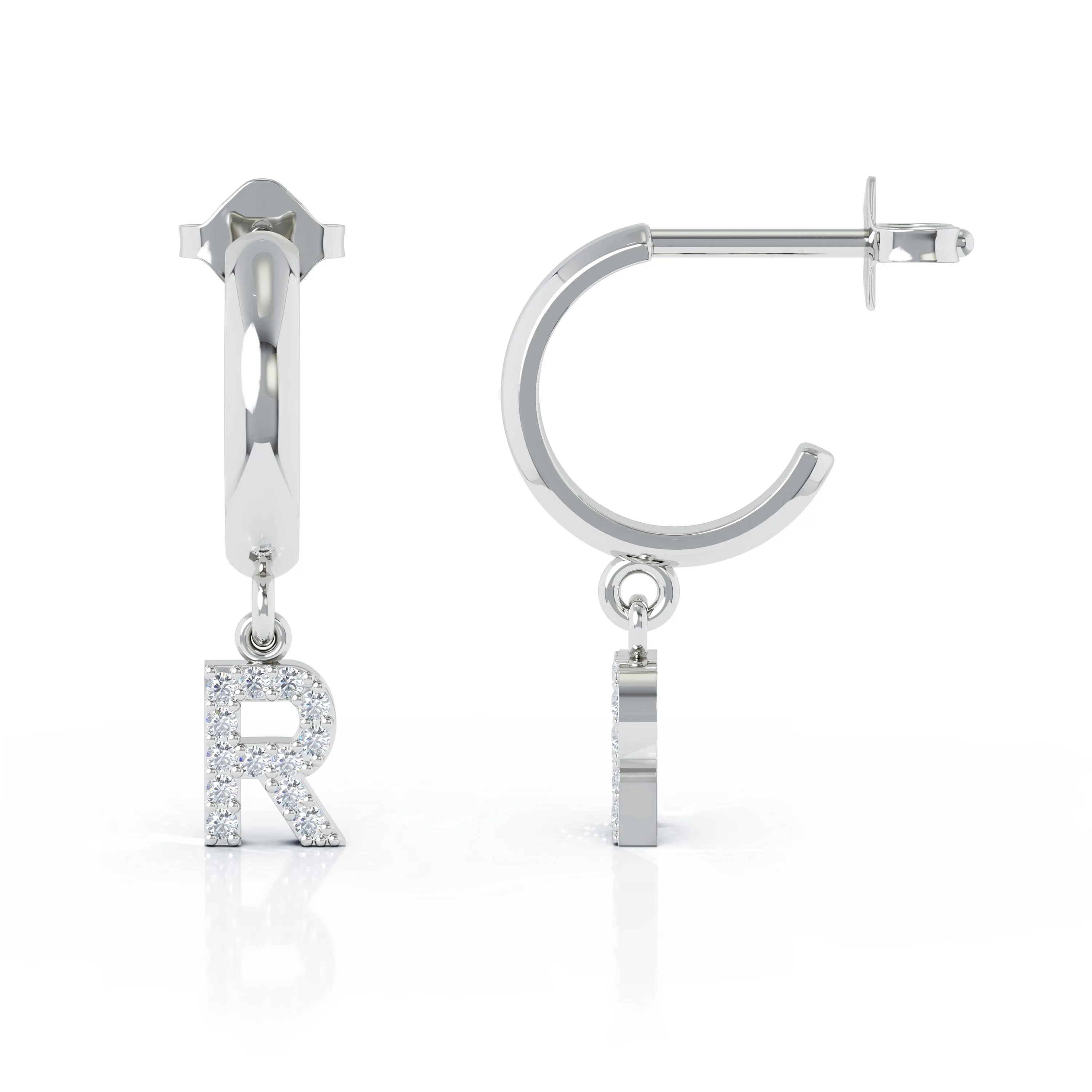 Diamond Alphabet Initial Charm Huggie Earrings Sold As Half Pair in 14K Gold