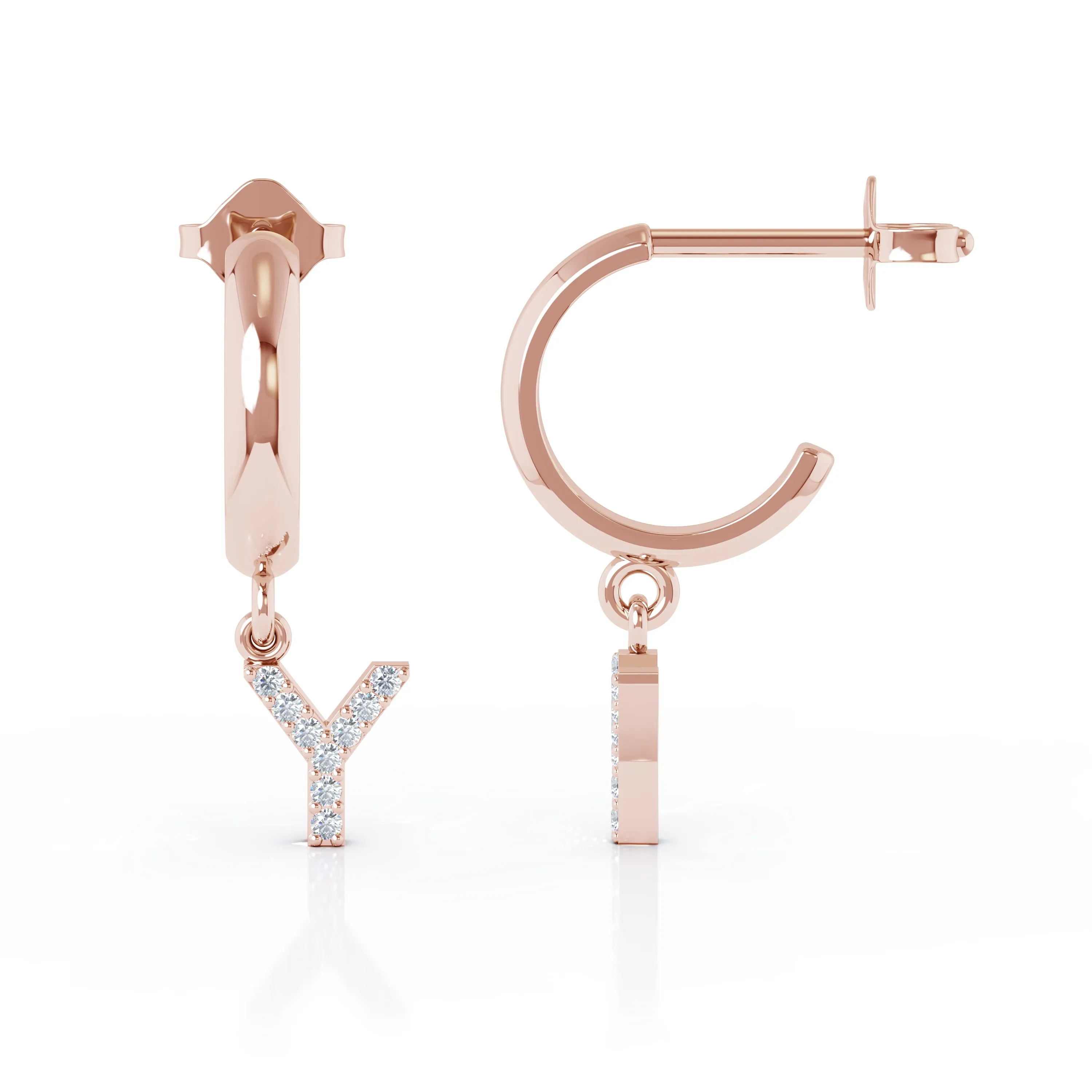Diamond Alphabet Initial Charm Huggie Earrings Sold As Half Pair in 14K Gold