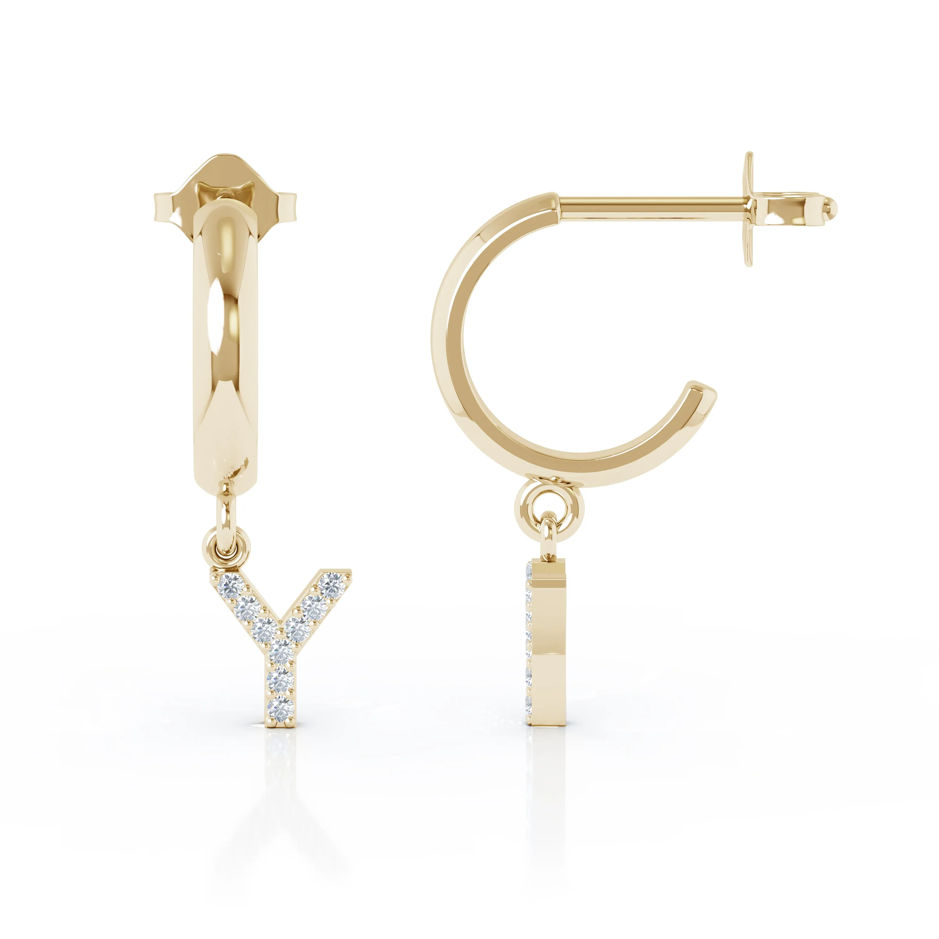 Diamond Alphabet Initial Charm Huggie Earrings Sold As Half Pair in 14K Gold