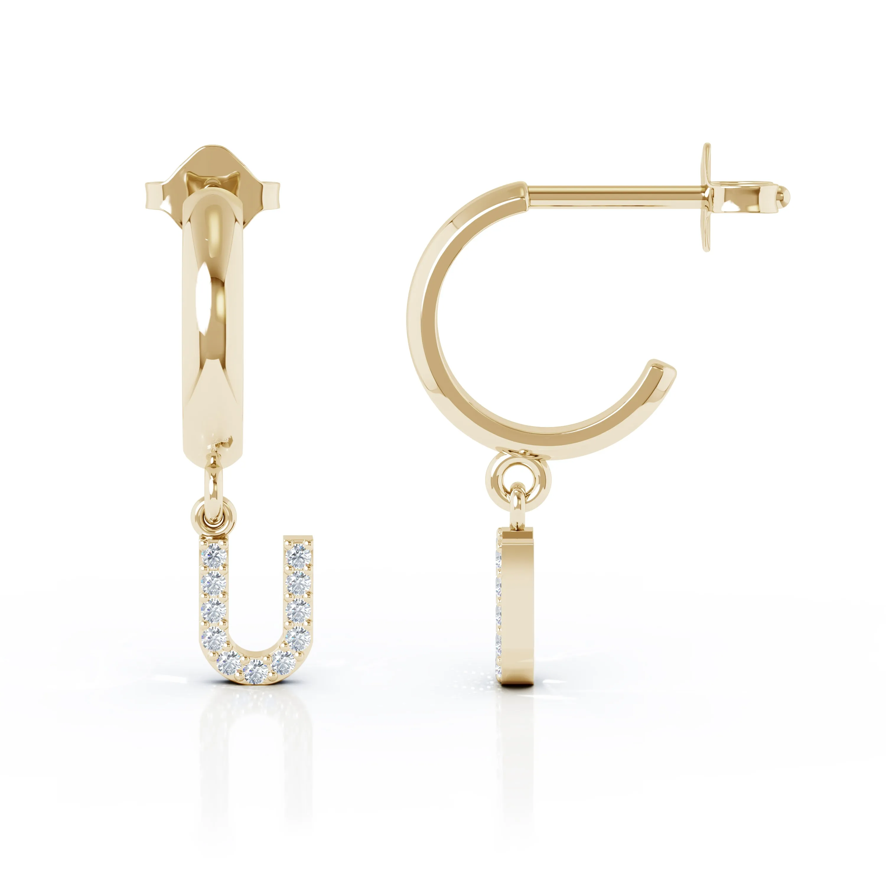 Diamond Alphabet Initial Charm Huggie Earrings Sold As Half Pair in 14K Gold