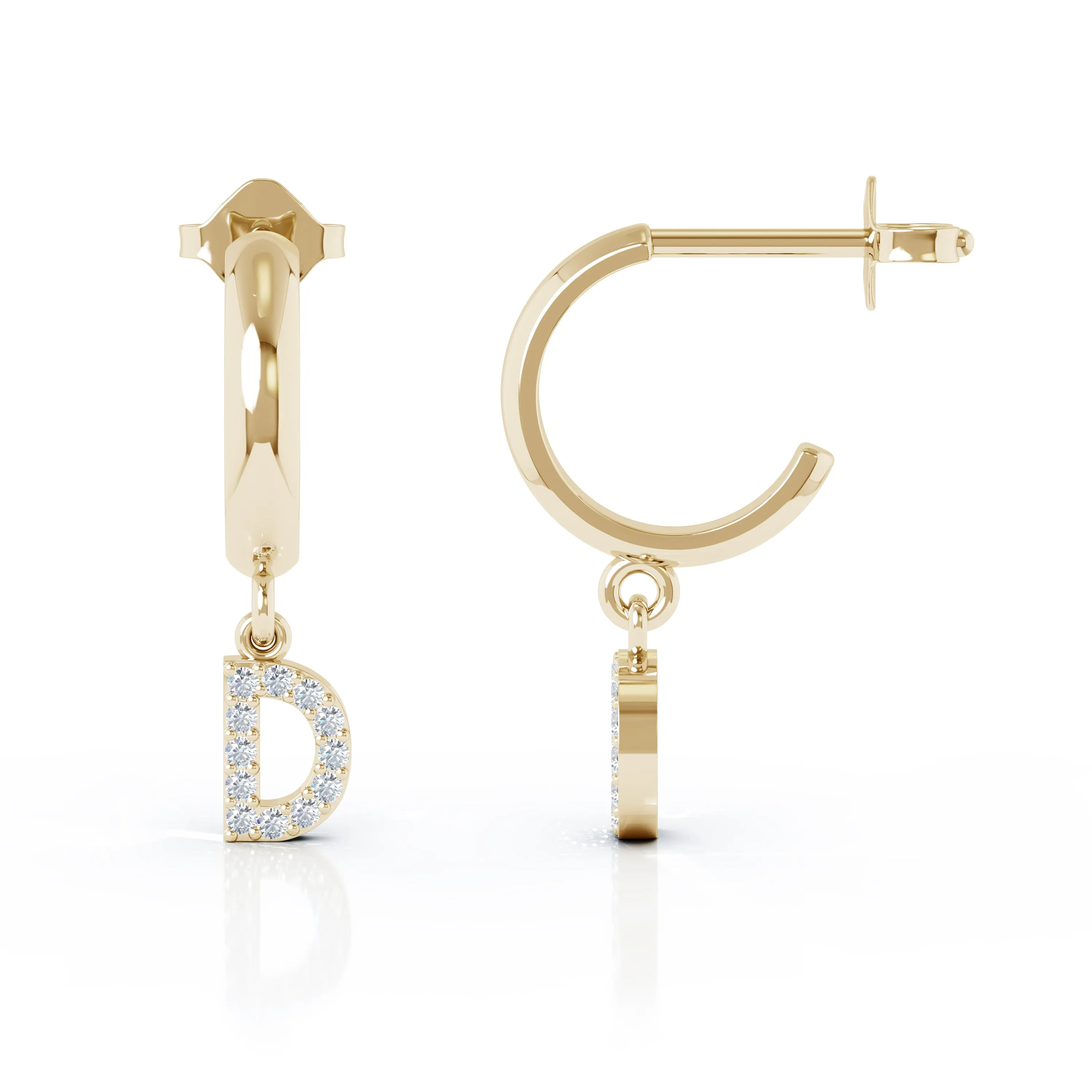 Diamond Alphabet Initial Charm Huggie Earrings Sold As Half Pair in 14K Gold