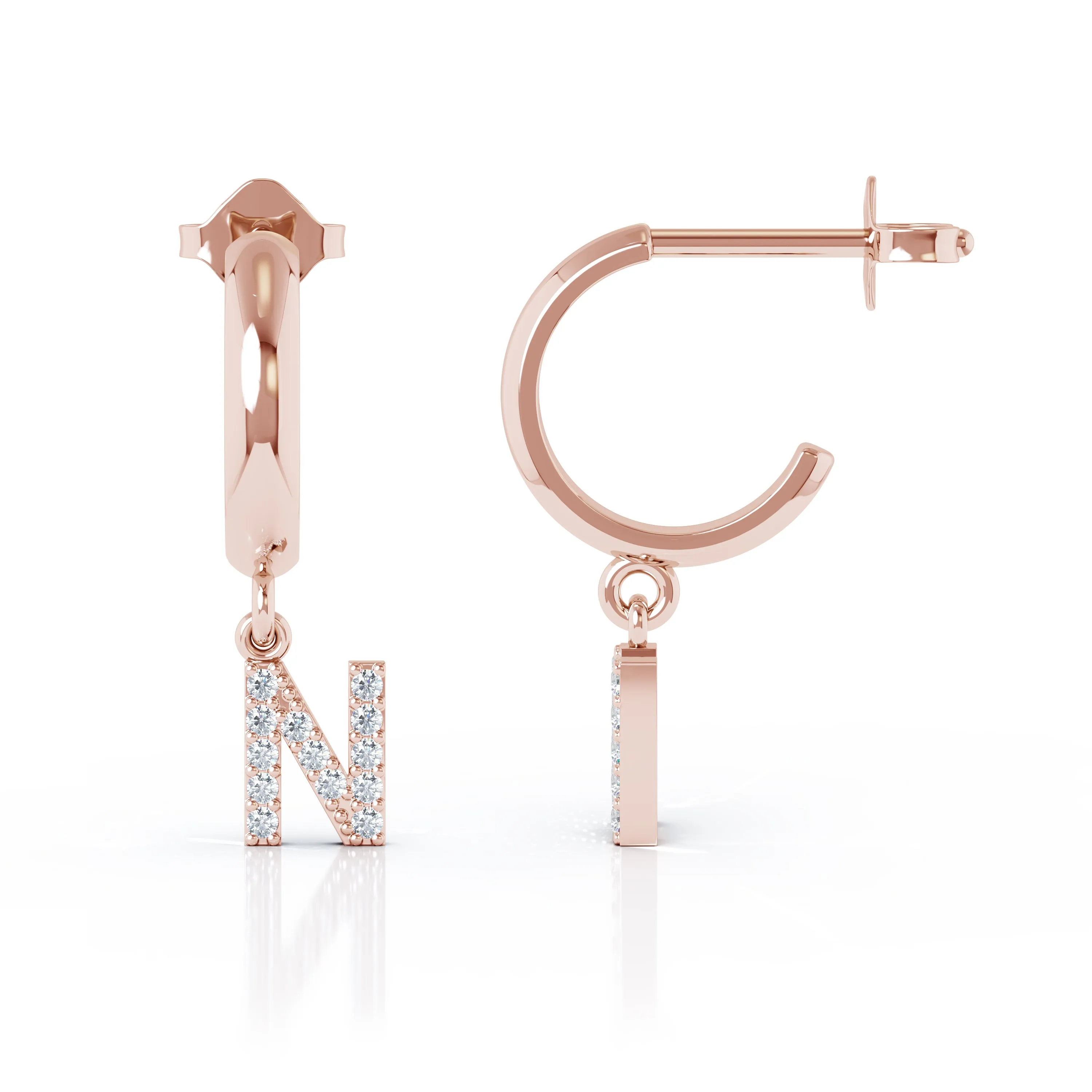 Diamond Alphabet Initial Charm Huggie Earrings Sold As Half Pair in 14K Gold