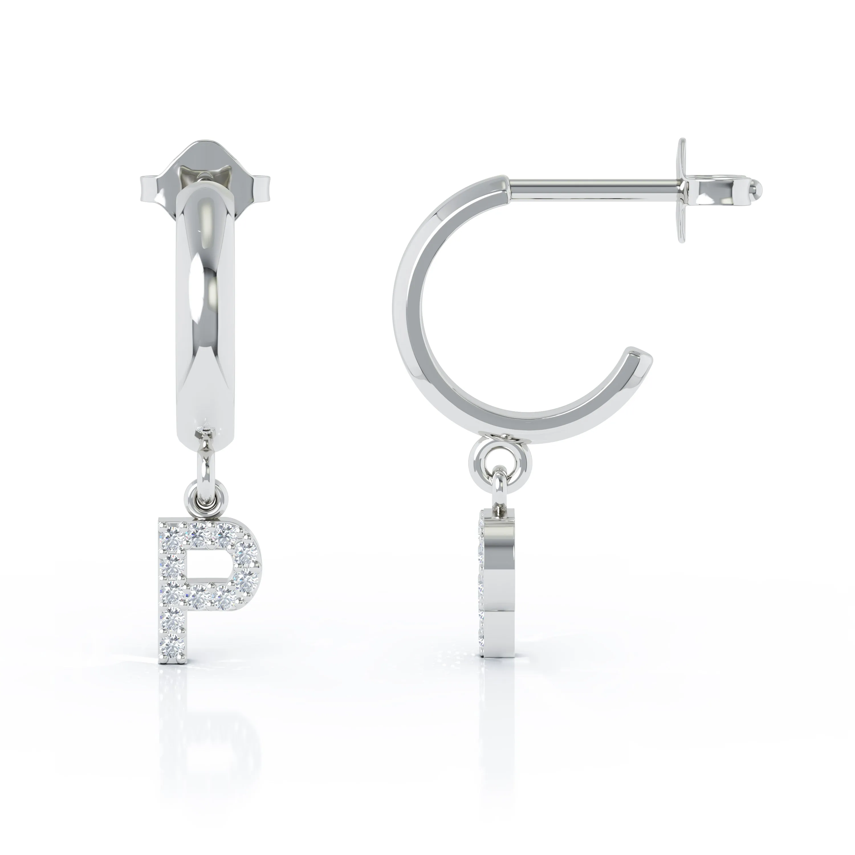 Diamond Alphabet Initial Charm Huggie Earrings Sold As Half Pair in 14K Gold