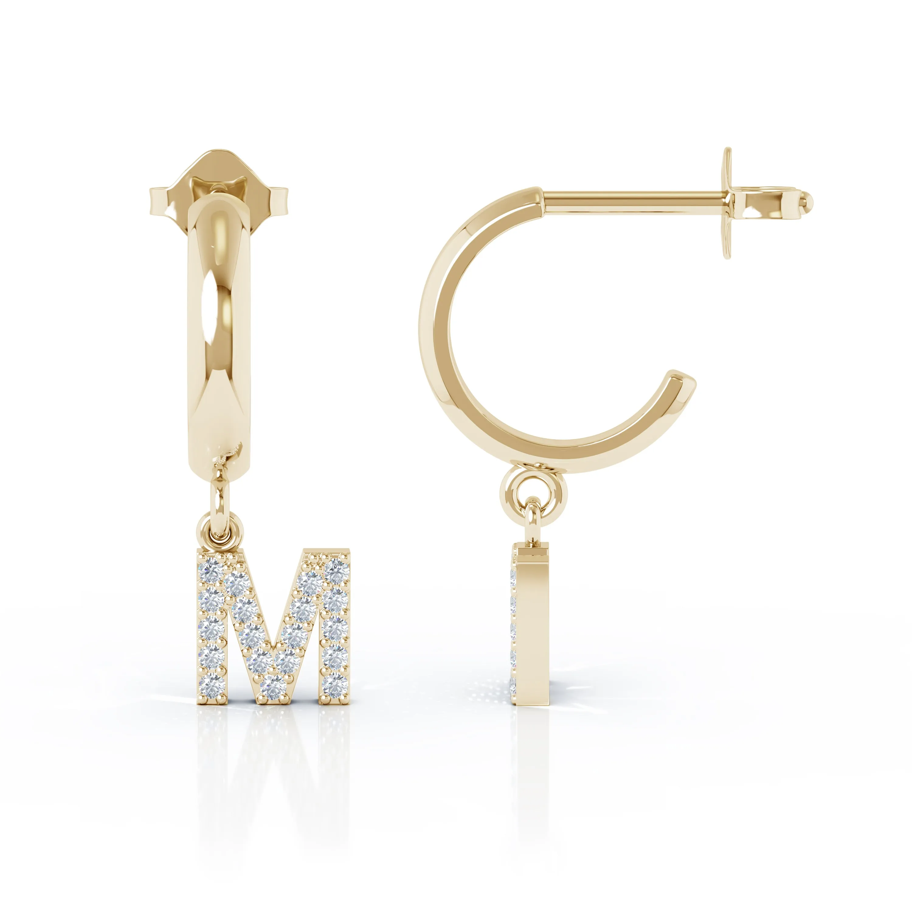 Diamond Alphabet Initial Charm Huggie Earrings Sold As Half Pair in 14K Gold