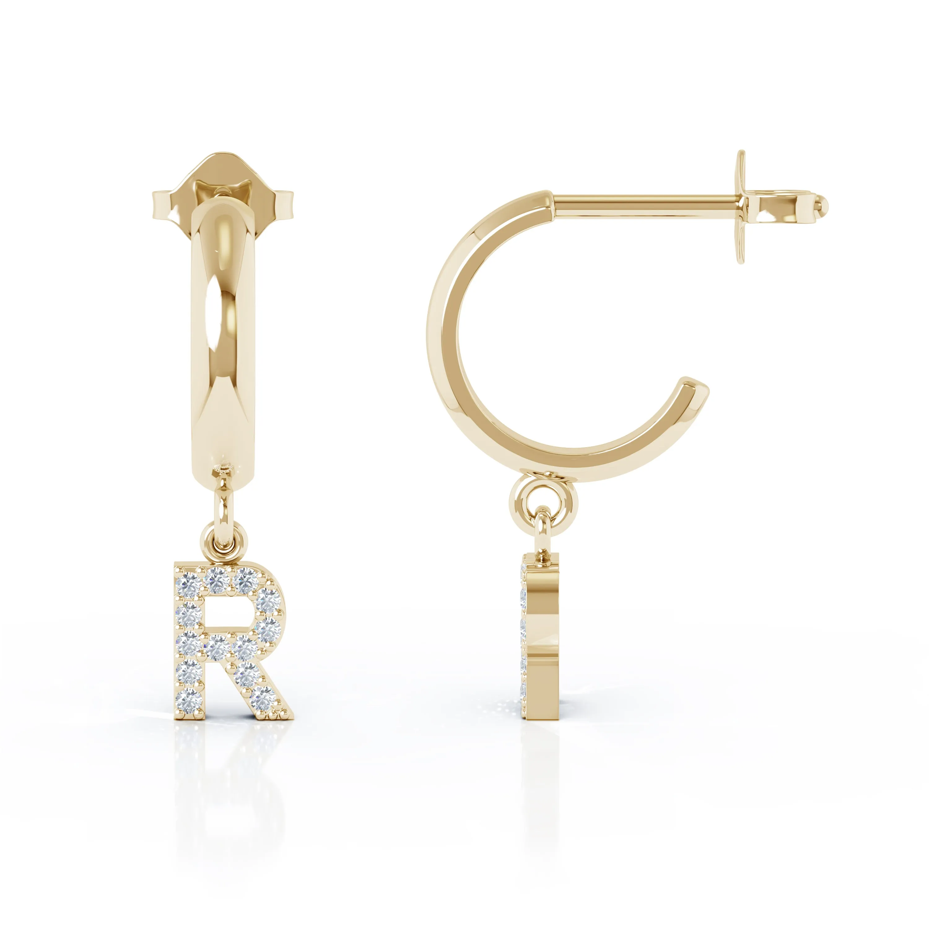 Diamond Alphabet Initial Charm Huggie Earrings Sold As Half Pair in 14K Gold