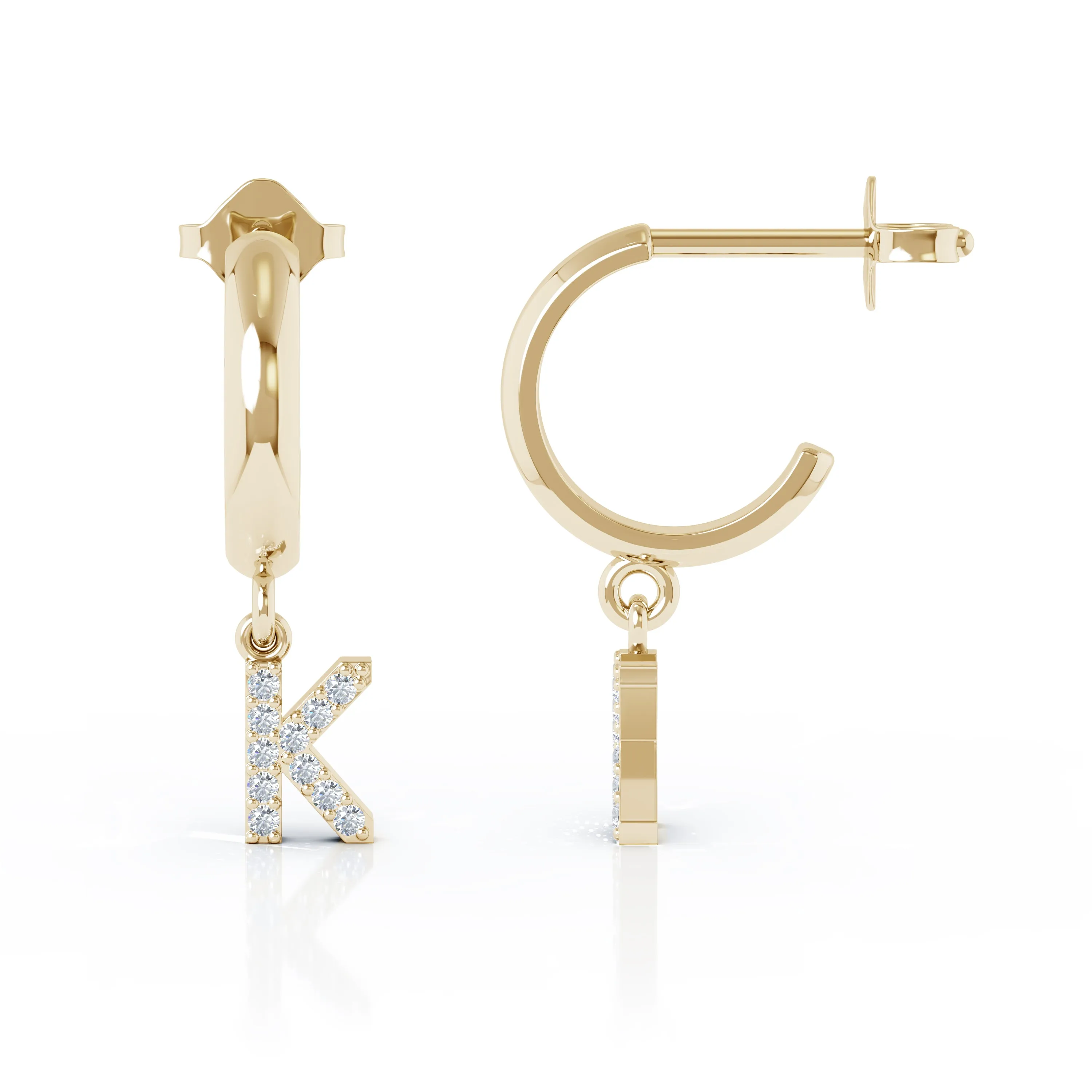 Diamond Alphabet Initial Charm Huggie Earrings Sold As Half Pair in 14K Gold