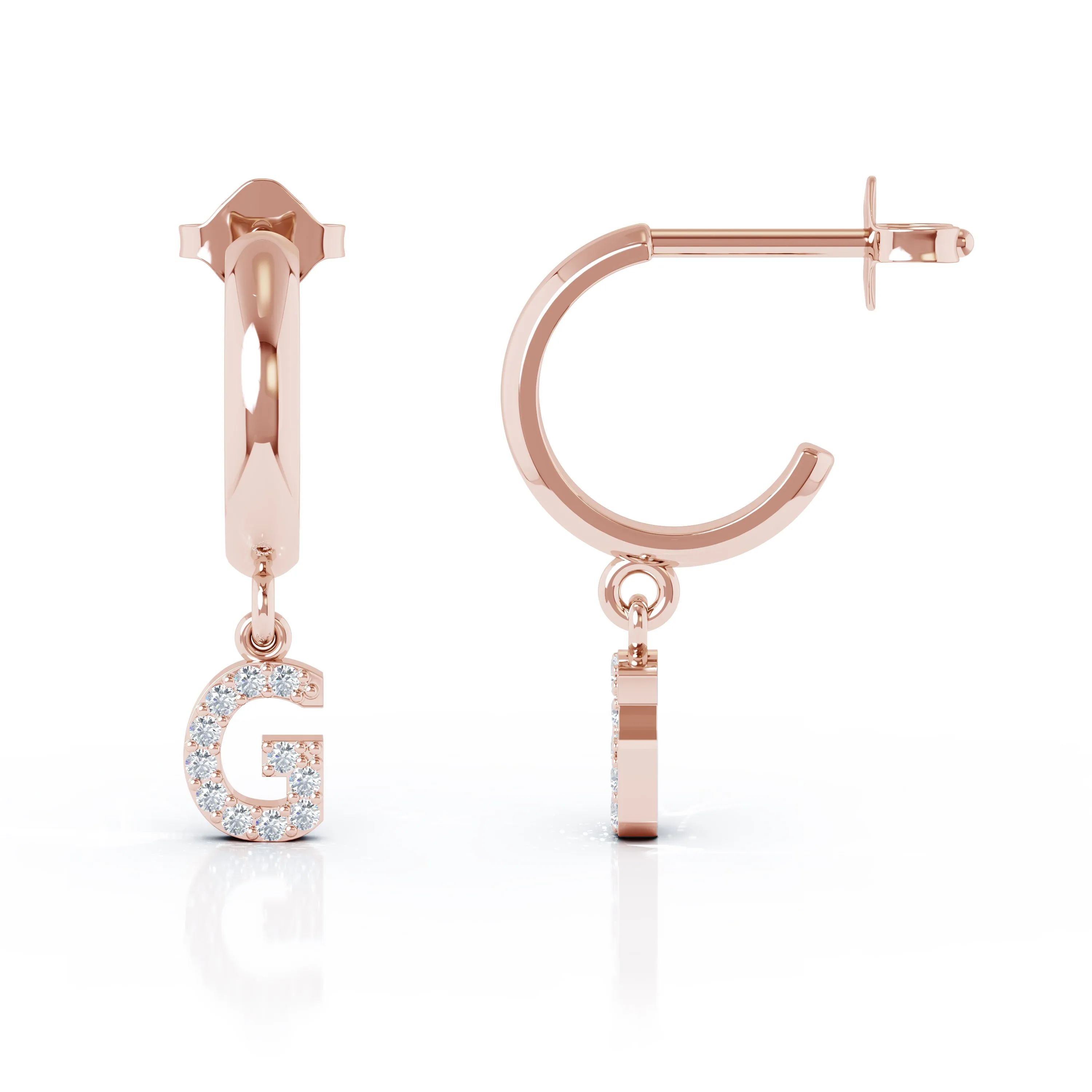 Diamond Alphabet Initial Charm Huggie Earrings Sold As Half Pair in 14K Gold
