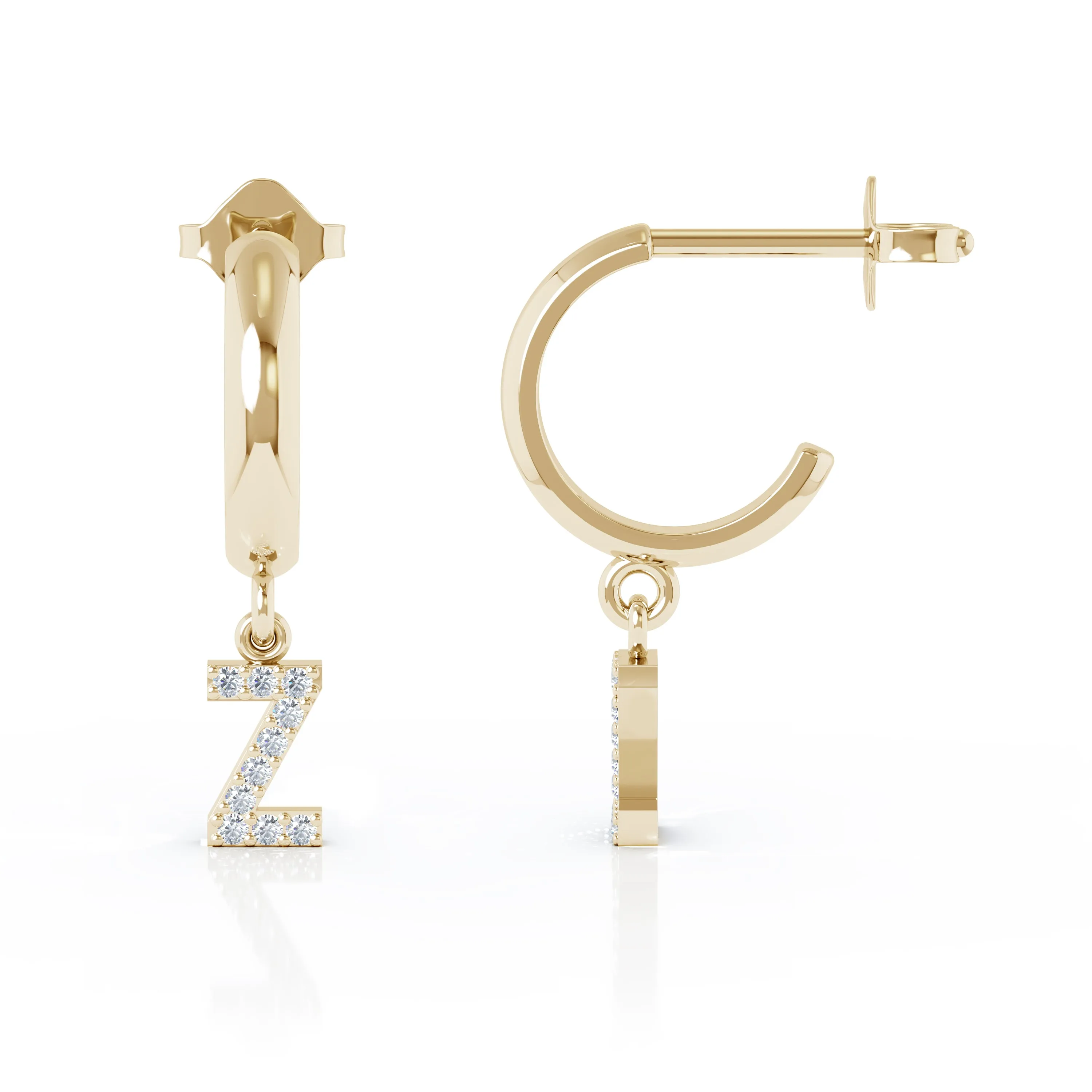 Diamond Alphabet Initial Charm Huggie Earrings Sold As Half Pair in 14K Gold