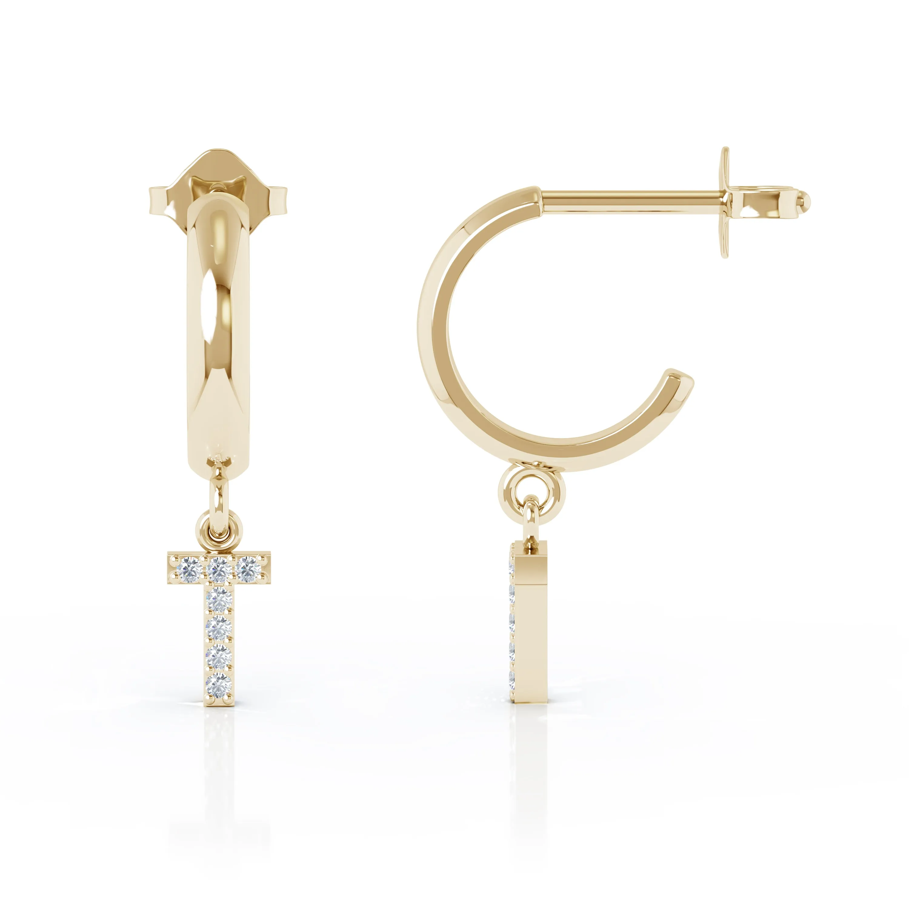 Diamond Alphabet Initial Charm Huggie Earrings Sold As Half Pair in 14K Gold