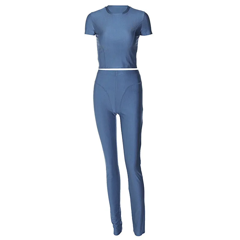 European And American-Style2023Summer Women's Clothing New round Neck Short SleeveTT-shirt Slim Fit Hip Raise Pants Two-Piece Sports Suit for Women