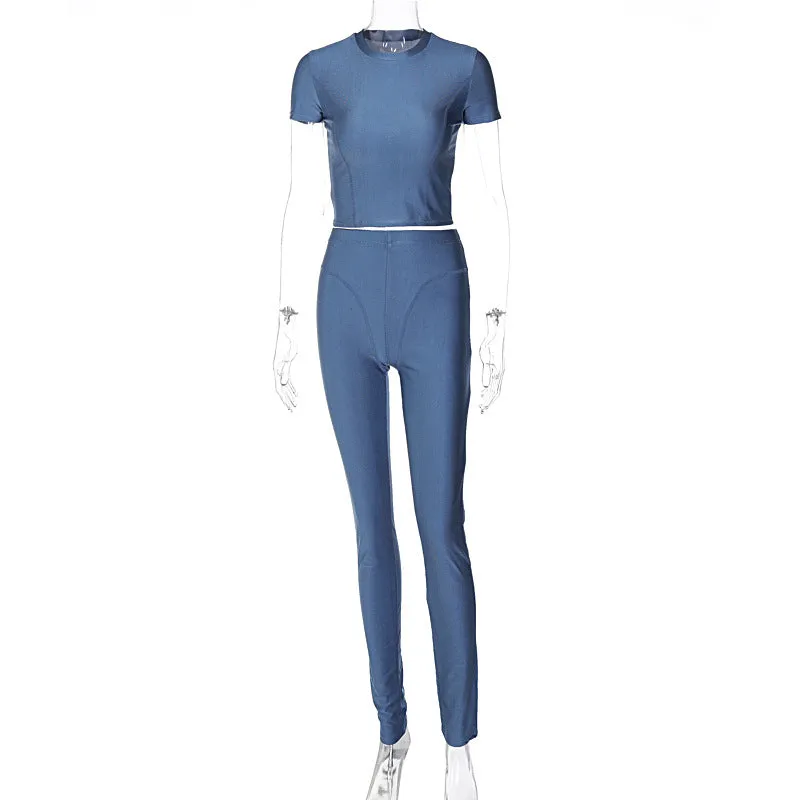 European And American-Style2023Summer Women's Clothing New round Neck Short SleeveTT-shirt Slim Fit Hip Raise Pants Two-Piece Sports Suit for Women