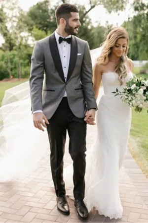 Fashion Gray Shawl Lapel Wedding Suit One Button Men Suit